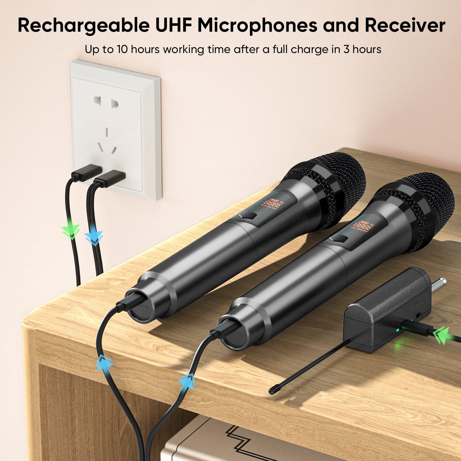Saiyin Rechargeable Wireless Microphone System - UHF Dual Handheld Dynamic Mics with Receiver, 200ft Range, 1/4