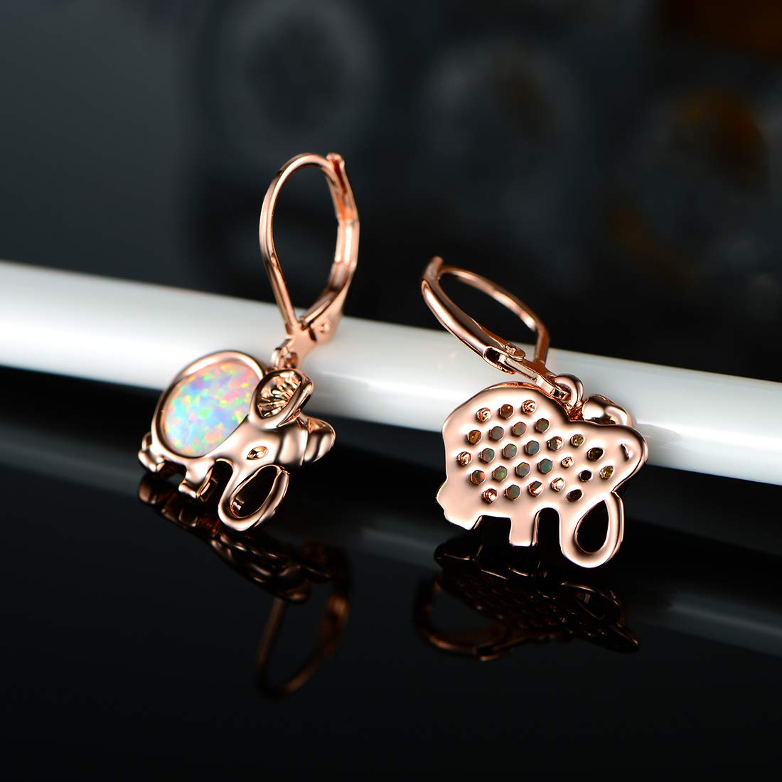 Hypoallergenic Larimar & Created Opal Elephant Dangle Earrings for Women - Elegant Leverback Jewelry for Parties, Weddings & Special Occasions