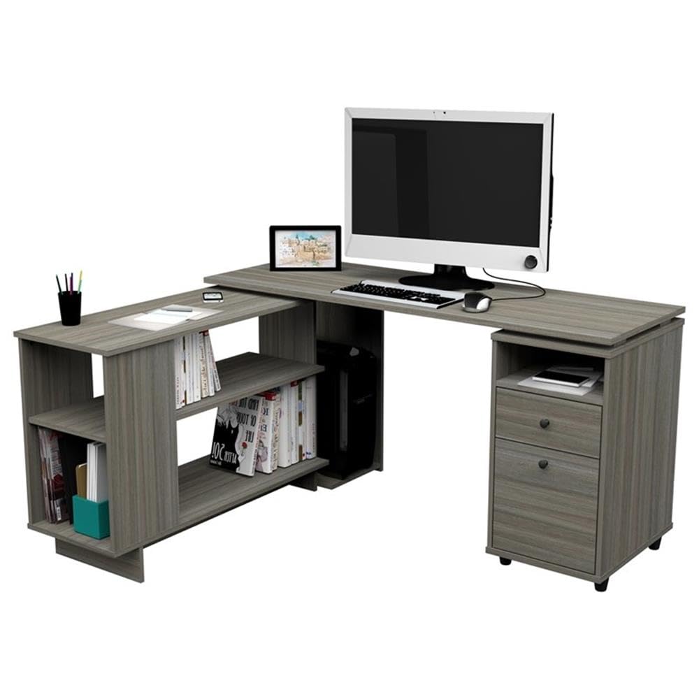 Inval America L-Shaped Reversible Computer Desk - Engineered Wood Home Office Desk in Gray | Space-Saving Corner Desk for Small Office, Gaming & Study Room