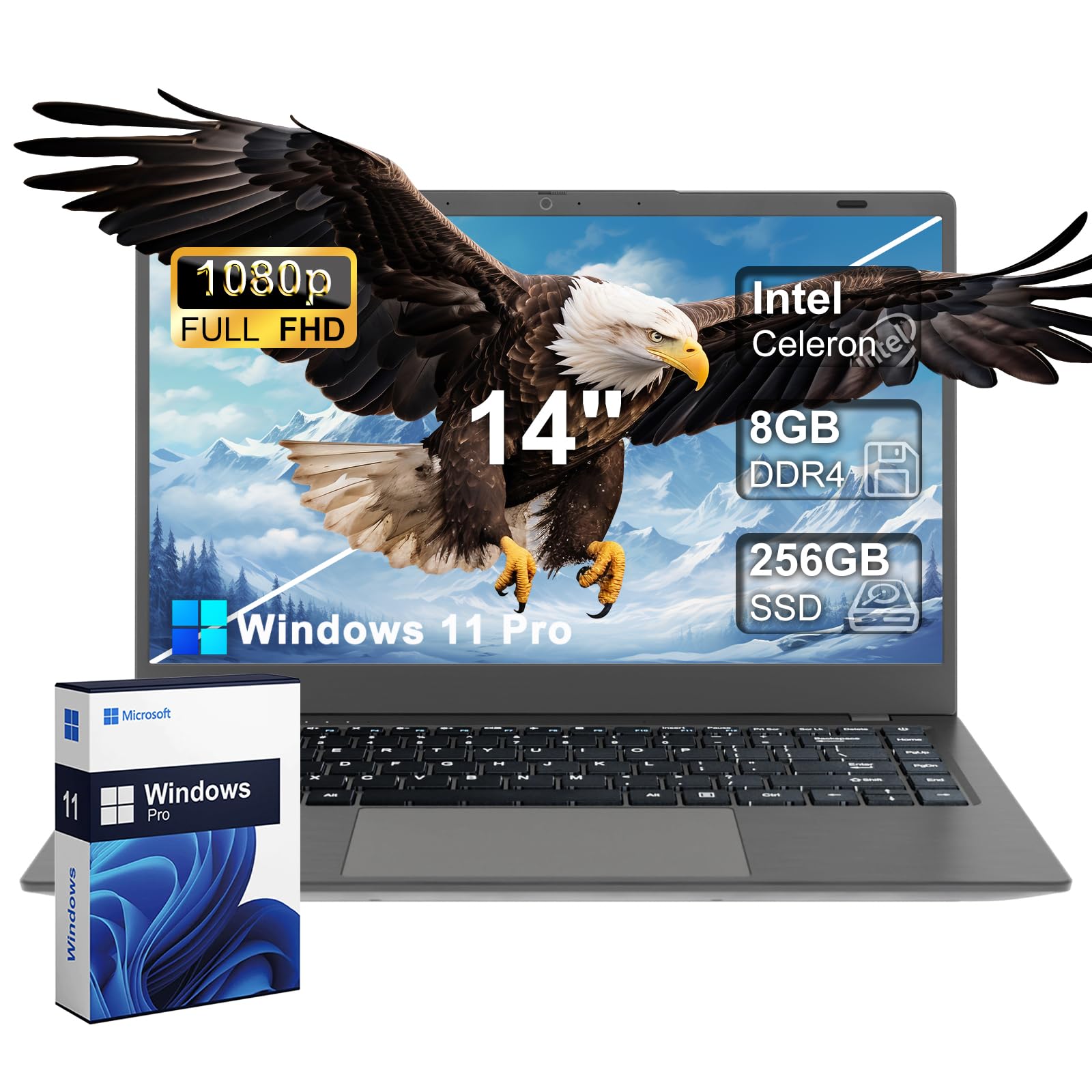 2025 14 Inch FHD Laptop - Windows 11 Pro, Intel Celeron Dual-Core up to 2.6GHz, 8GB DDR4 RAM, 256GB SSD, USB/HDMI/Webcam, WiFi & Bluetooth 5.0 - Perfect for Students, Business & Remote Work