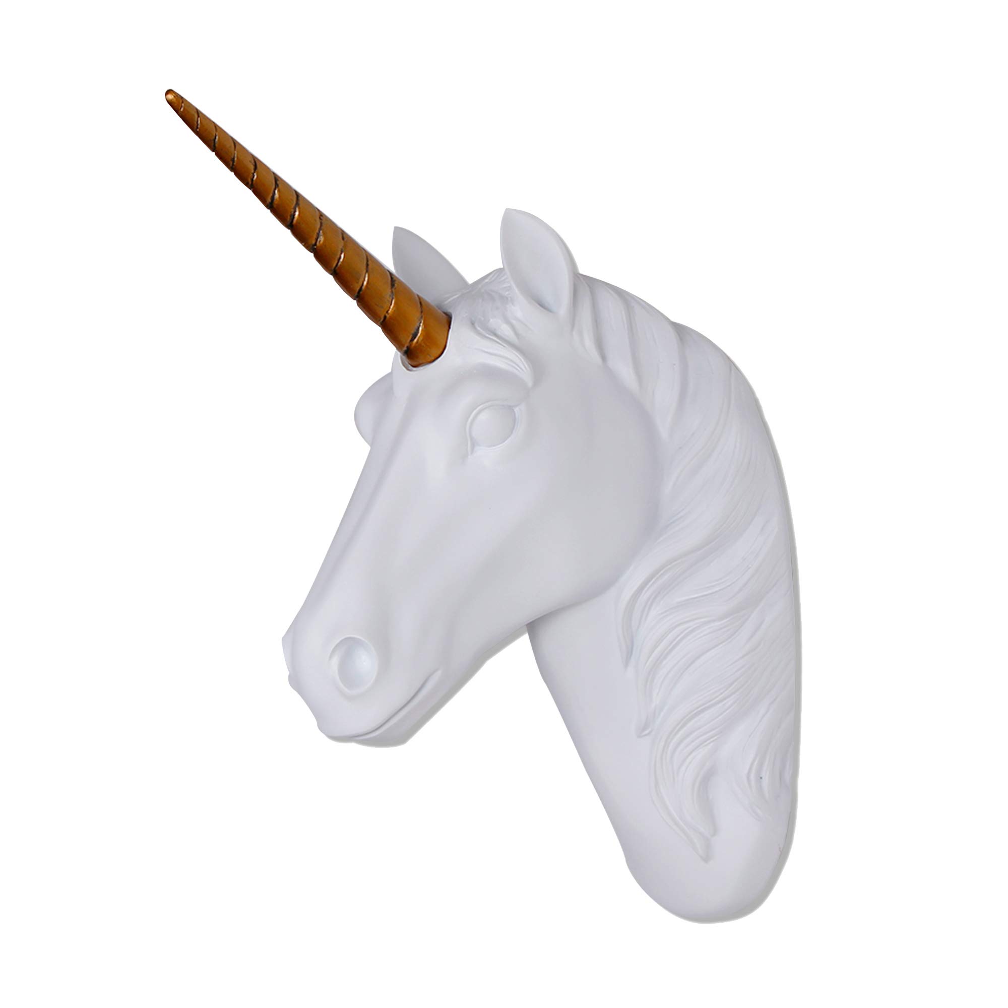 White Unicorn Head Wall Mount Sculpture with Gold Horn - Faux Resin Animal Head Decor, Ready to Hang (10x5x13 Inches) - Perfect for Kids' Room, Nursery, Fantasy Themed Decor & Unique Home Wall Art