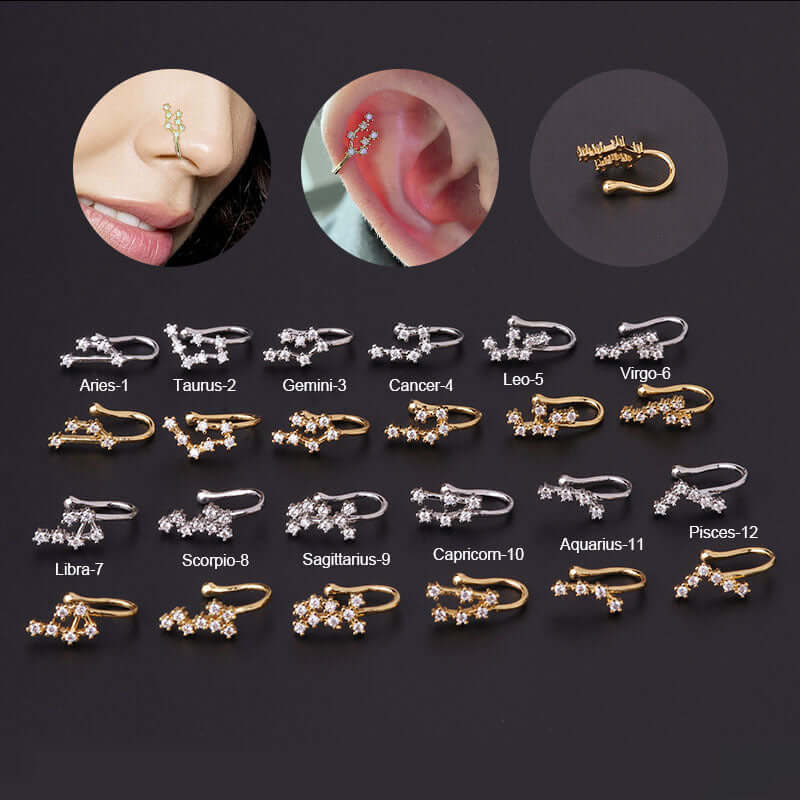 18K Gold Zodiac Non-Piercing Nose Clip & Ear Cuff - Aries, Taurus, Gemini, Cancer, Leo, Virgo, Libra, Scorpio, Sagittarius, Capricorn, Aquarius, Pisces | Perfect for Parties, Weddings, and Everyday Fashion Accessories