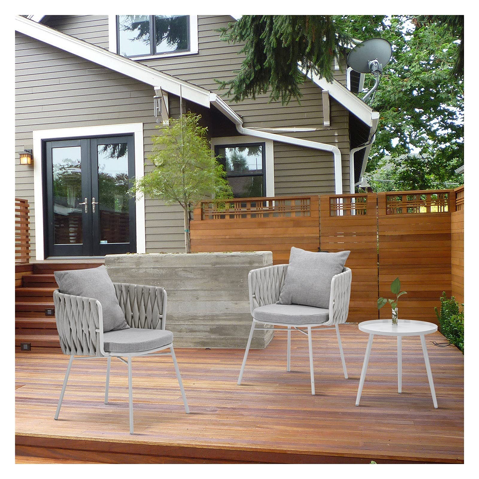 Premium 3-Piece All-Weather Coffee Table Set with Rattan Chairs - Indoor/Outdoor Patio Furniture for Garden, Balcony & Backyard - White & Gray Color