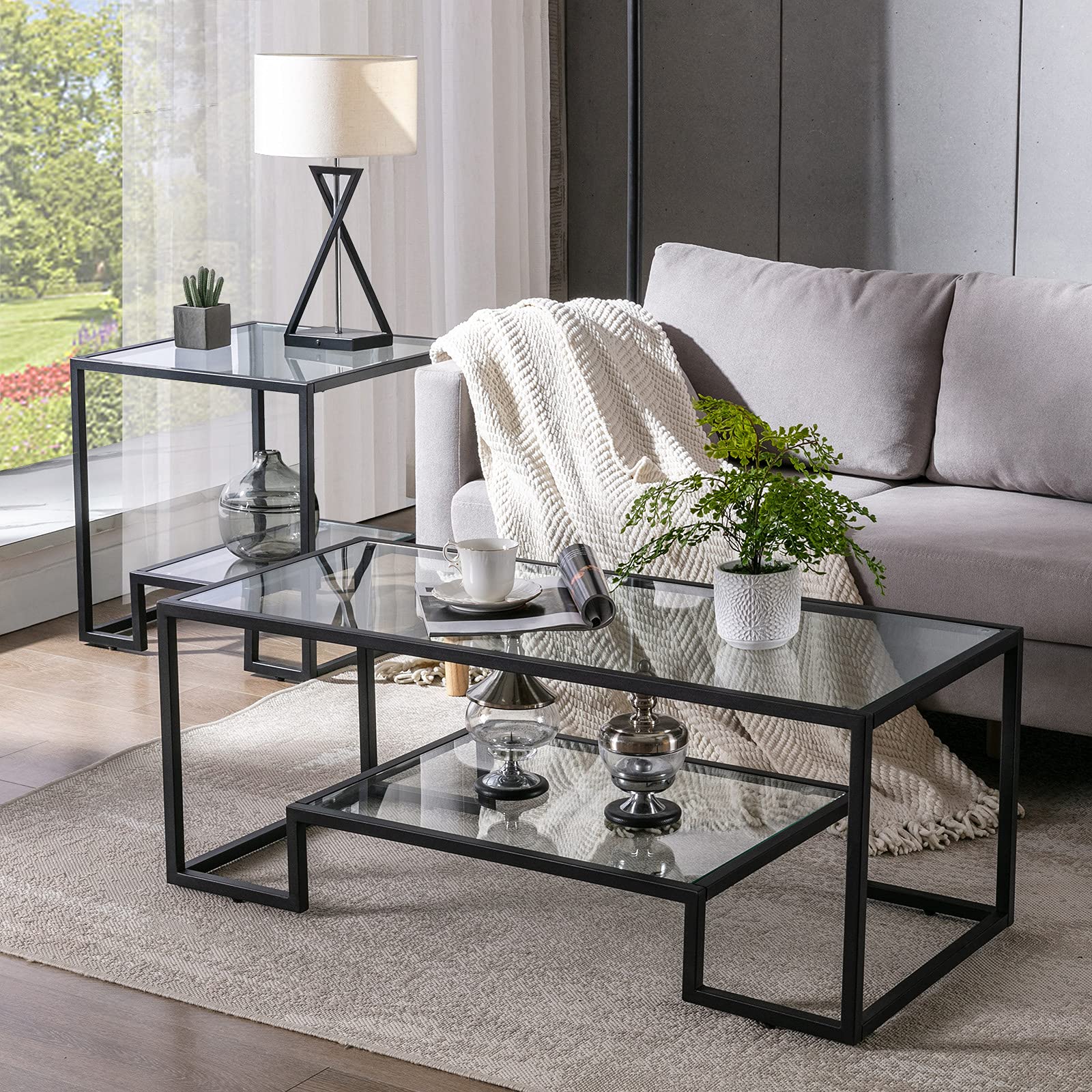 Modern Black Metal & Tempered Glass Coffee Table with Storage Shelf - Stylish Accent Side Table for Living Room, Office & Home Decor - Perfect for Small Spaces, Lounges & Contemporary Interiors