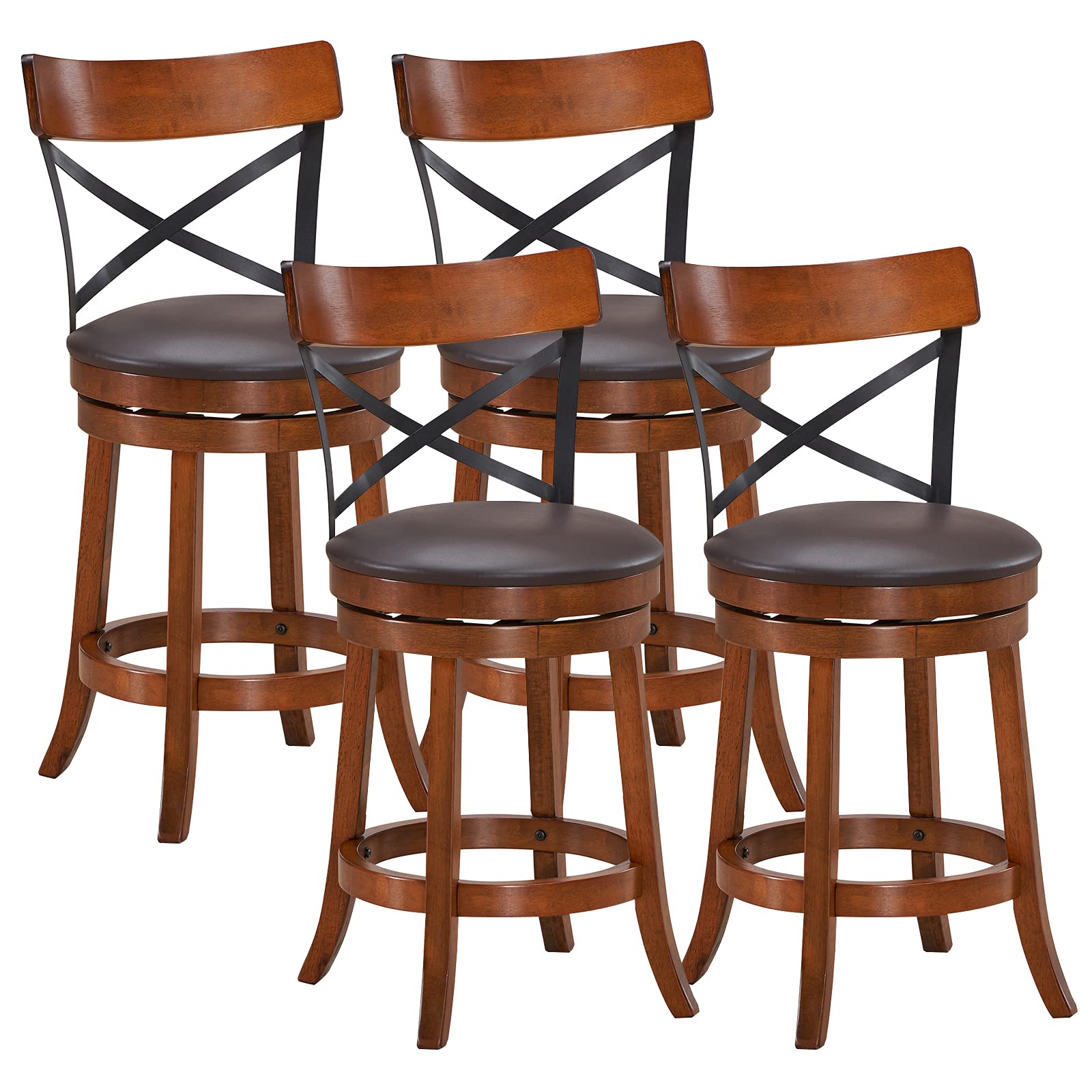 COSTWAY 4-Piece Bar Stool Set - 360° Swivel Solid Wood Bar Stools with Soft Cushion & Backrest, 25