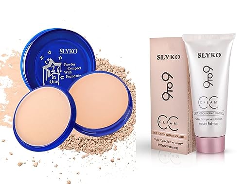 Slyko Super Serum Compact Powder - 102W Beige, 9g | Vitamin E Enriched | Matte Finish | For All Skin Types | Free 9to9 CC Cream | Perfect for Daily Makeup & On-the-Go Touch Ups