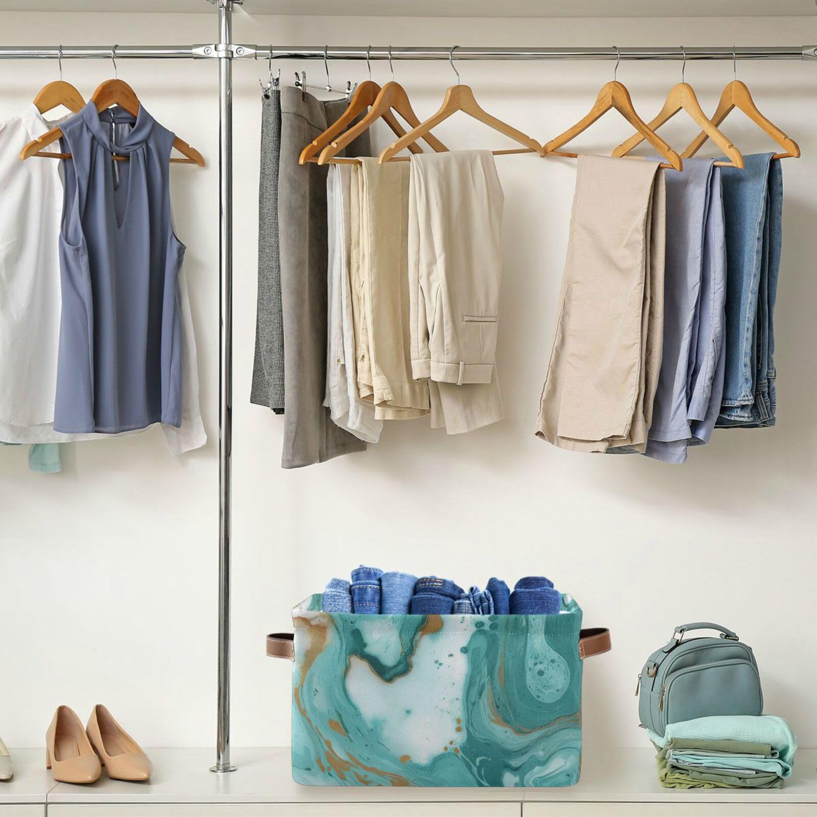 Turquoise Marble Storage Baskets 2-Pack - Large 15x11x9.5 Inch Canvas Toy & Clothes Organizer Bin for Home, Office, Nursery & Bathroom Decor