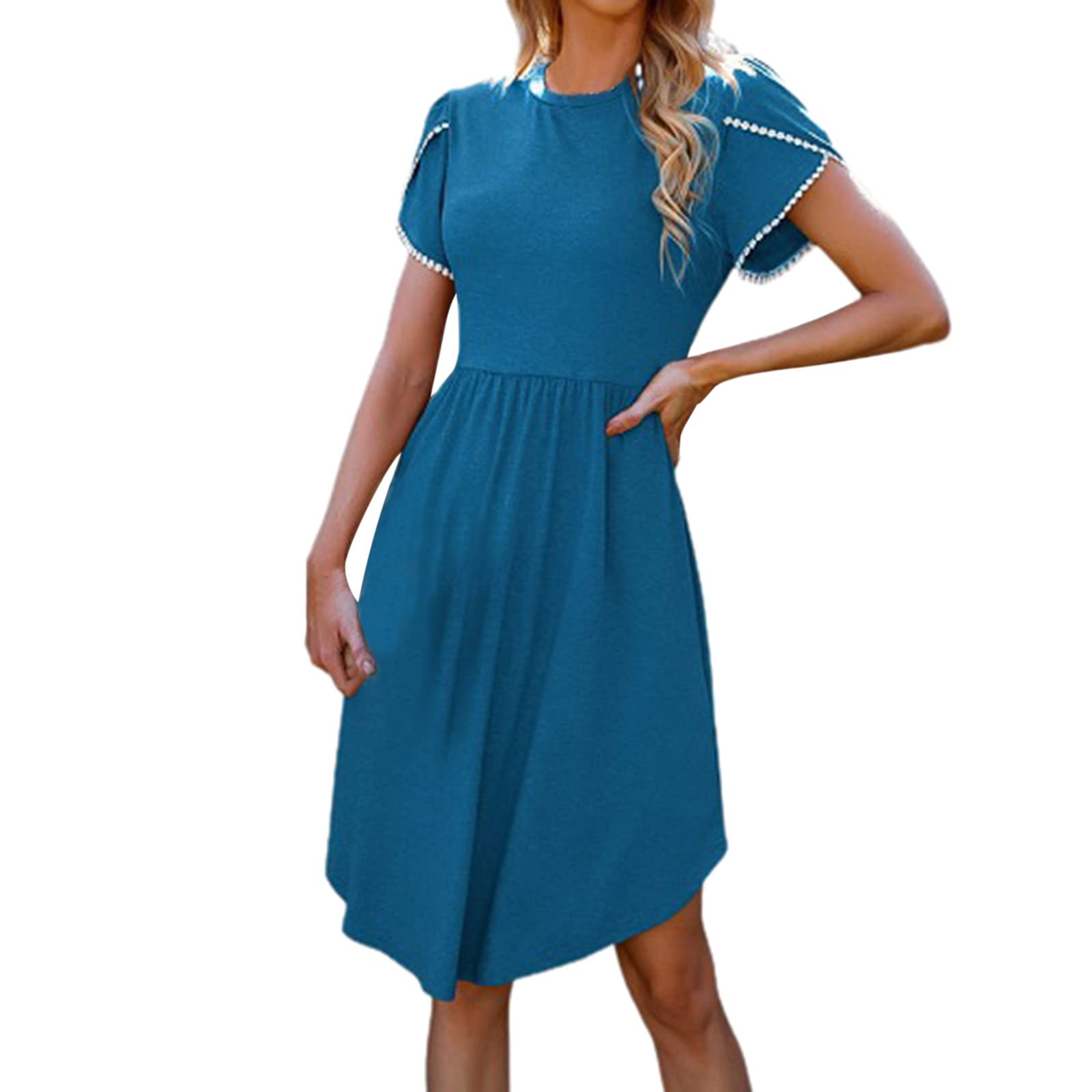 Elegant Solid Pleated Slim Fit Lace Knee-Length Dress with Color Sleeves - Women's Casual Summer Dress for Office, Date Night & Outdoor Events