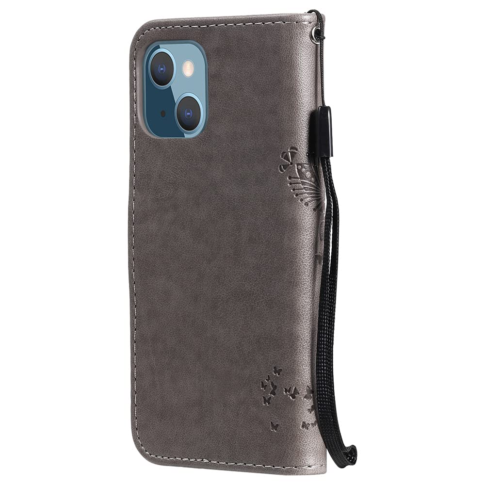 iPhone 13 Mini Wallet Case with Kickstand & Card Holder - Cute Butterfly Cat Embossed PU Leather Protective Cover for iPhone 13 Mini 5.4 Inch (Wish Tree Gray) | Perfect for Everyday Use, Travel & Hands-Free Viewing