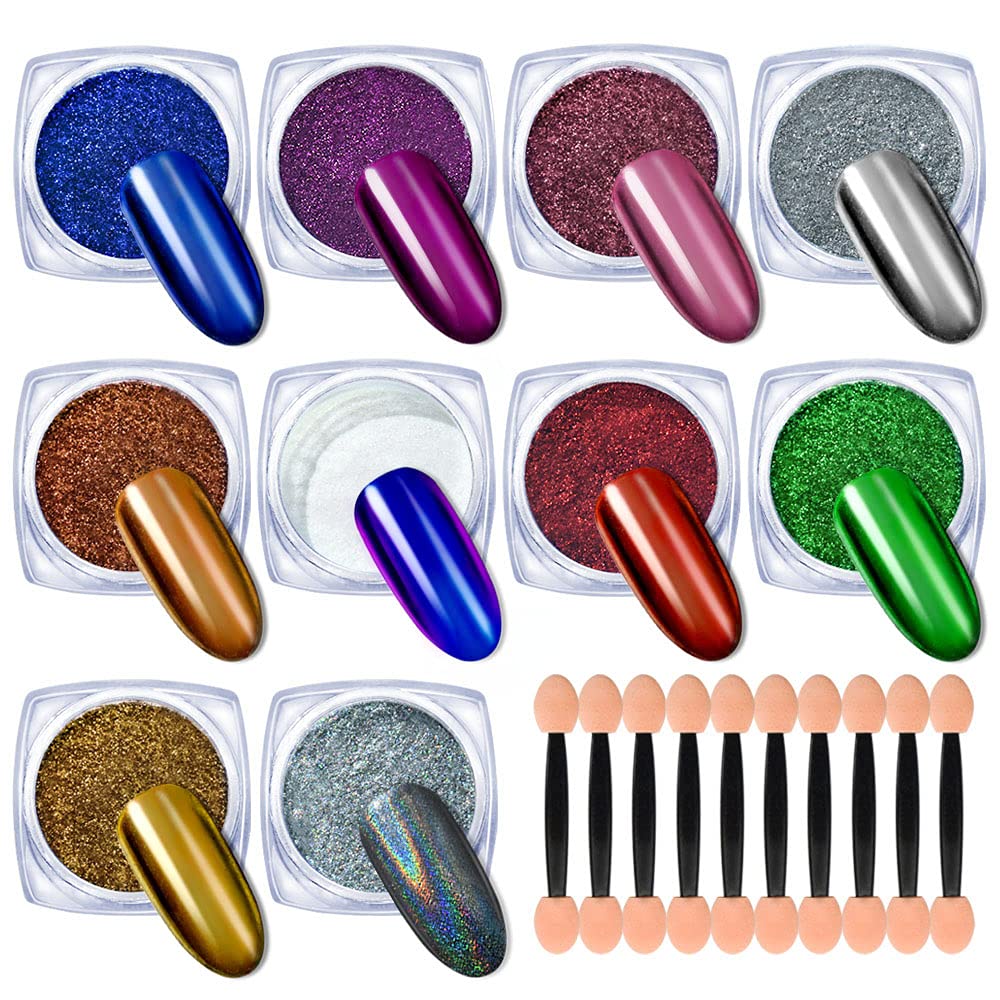 10 Jars Chrome Nail Powder Kit - Holographic & Chameleon Metallic Nail Pigments with Eyeshadow Applicators - Mirror Effect Glitter for Nail Art - Perfect for Salon, DIY Manicures & Party Nail Designs