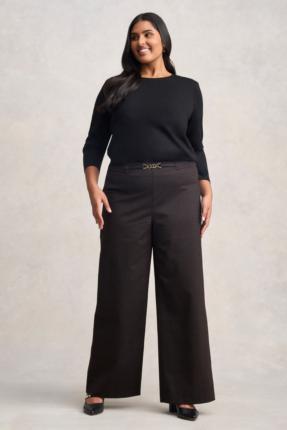 Wide Leg Ponte Pants for Women - Black & Brown Checked Pattern - Comfortable Stretch Trousers for Work, Office, and Casual Wear