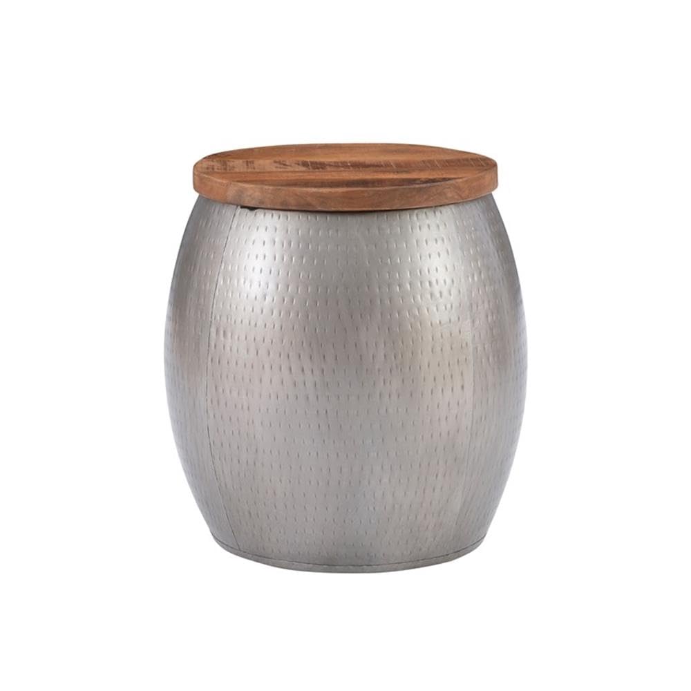 Pemberly Row Modern Metal and Wood Drum Side Table with Storage in Silver - Stylish End Table for Living Room, Bedroom or Office Decor