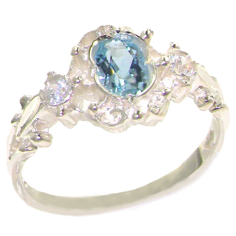 10K White Gold Cubic Zirconia & Genuine Aquamarine Women's Band Ring - Elegant Wedding, Engagement & Anniversary Jewelry Gift for Her