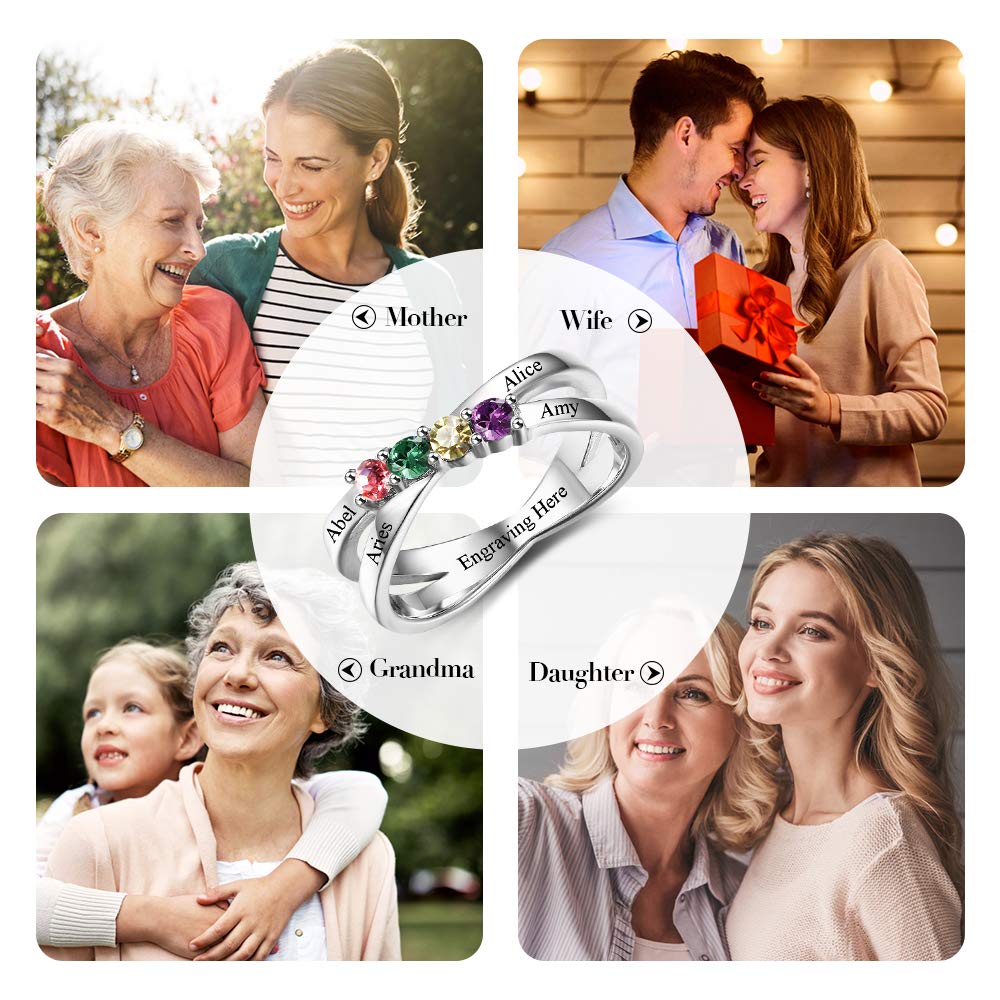 Personalized Sterling Silver Mother's Ring with Birthstones - Engraved Family Names for Anniversary & Mother's Day Gifts
