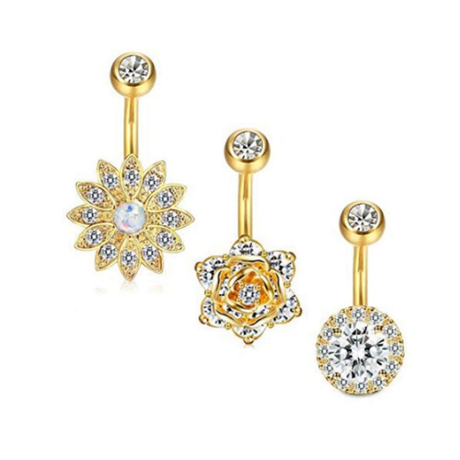 Hypoallergenic Belly Button Rings for Women - 3Pcs Rhinestone Flower Navel Piercing Jewelry Set, Surgical Steel Body Jewelry for Sensitive Skin | Perfect for Summer Outfits, Beach Wear and Belly Dance Costumes