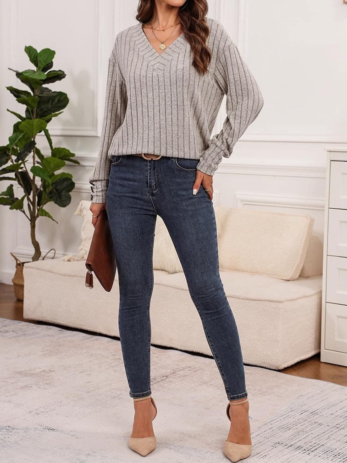 Stylish Ribbed V-Neck Button-Down T-Shirt for Women - Casual & Office Wear - Perfect for Layering or Standalone Outfits