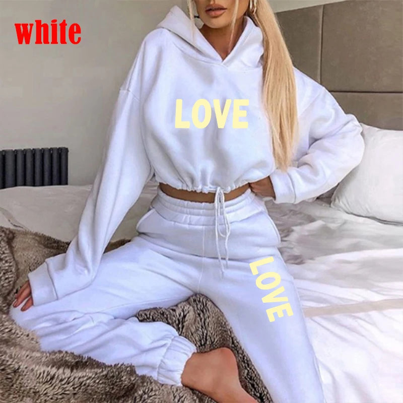 Women's 2-Piece Tracksuit Set - LOVE Letter Print Hoodie & Jogger Pants, Casual Winter Sportswear, 8 Color Options for Gym, Running & Lounge Wear