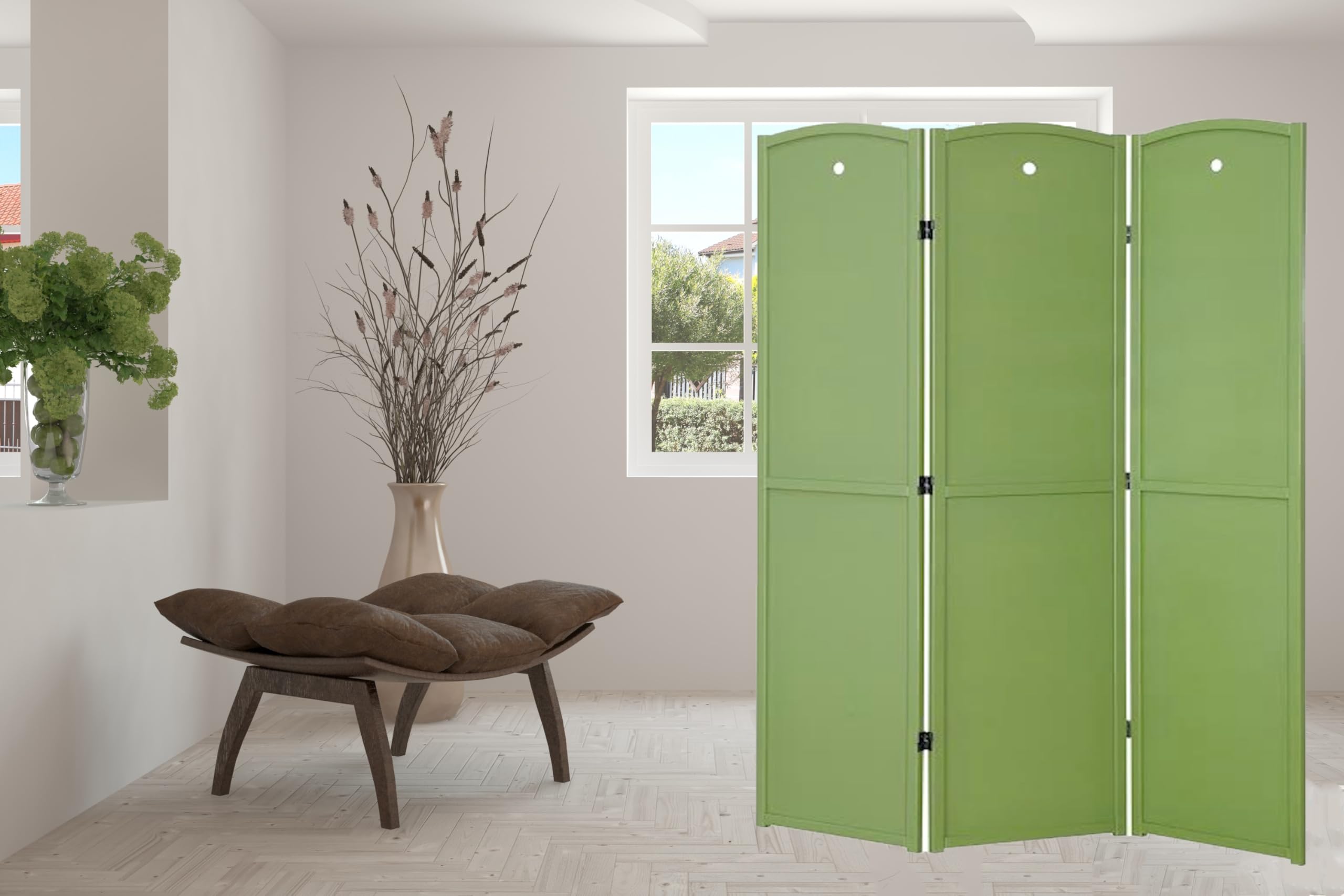 Legacy Decor 3-Panel Wooden Room Divider Privacy Screen - Green Folding Partition for Classroom, Nursery, Kids Room & Office Space - Natural Wood Privacy Panel for Home Decor and Space Separation