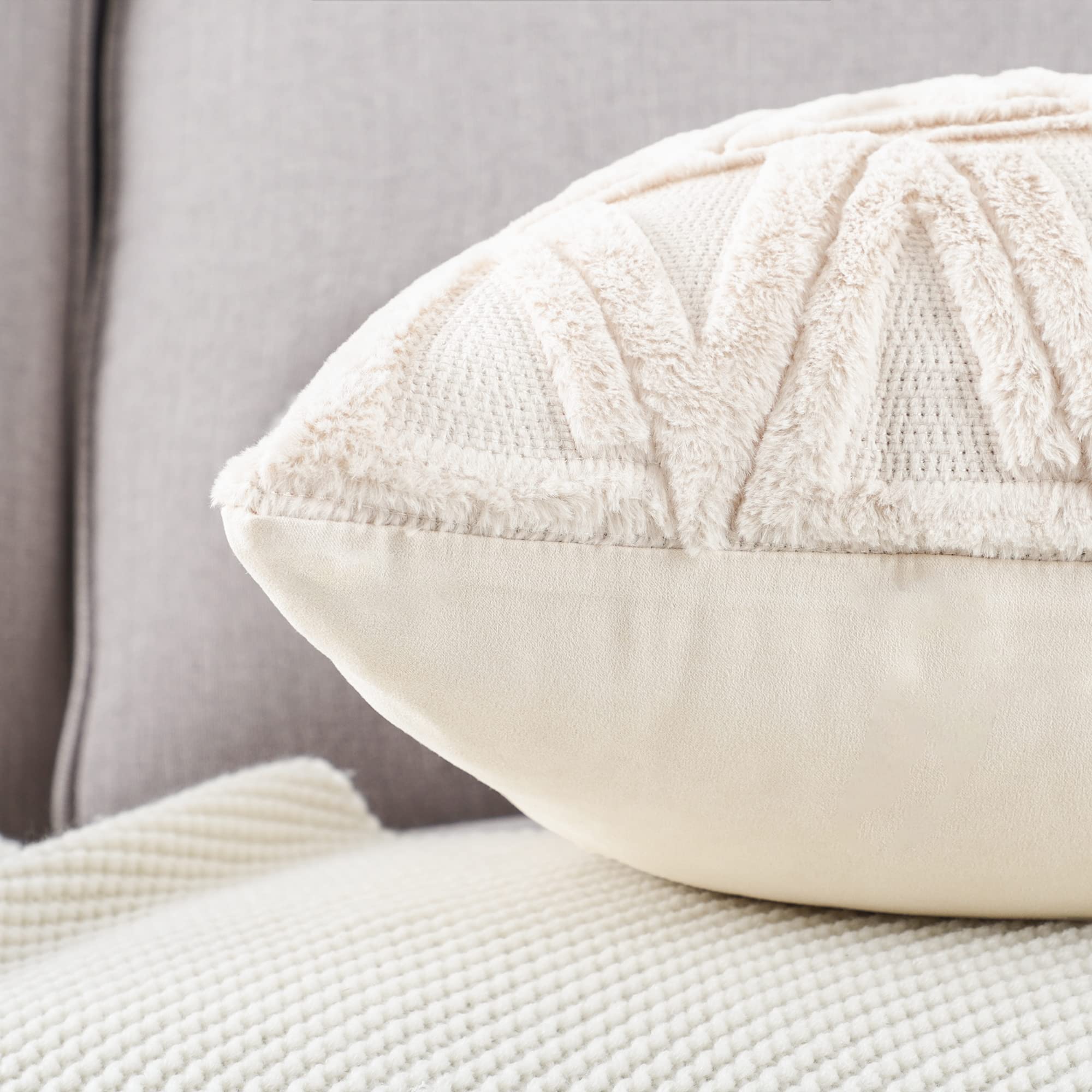 Soft Beige Plush Wool Throw Pillow Covers Set of 2 - Velvet Boho Decorative Pillowcases 20x20 Inch for Sofa, Bedroom & Living Room - Cozy Home Decor Accent
