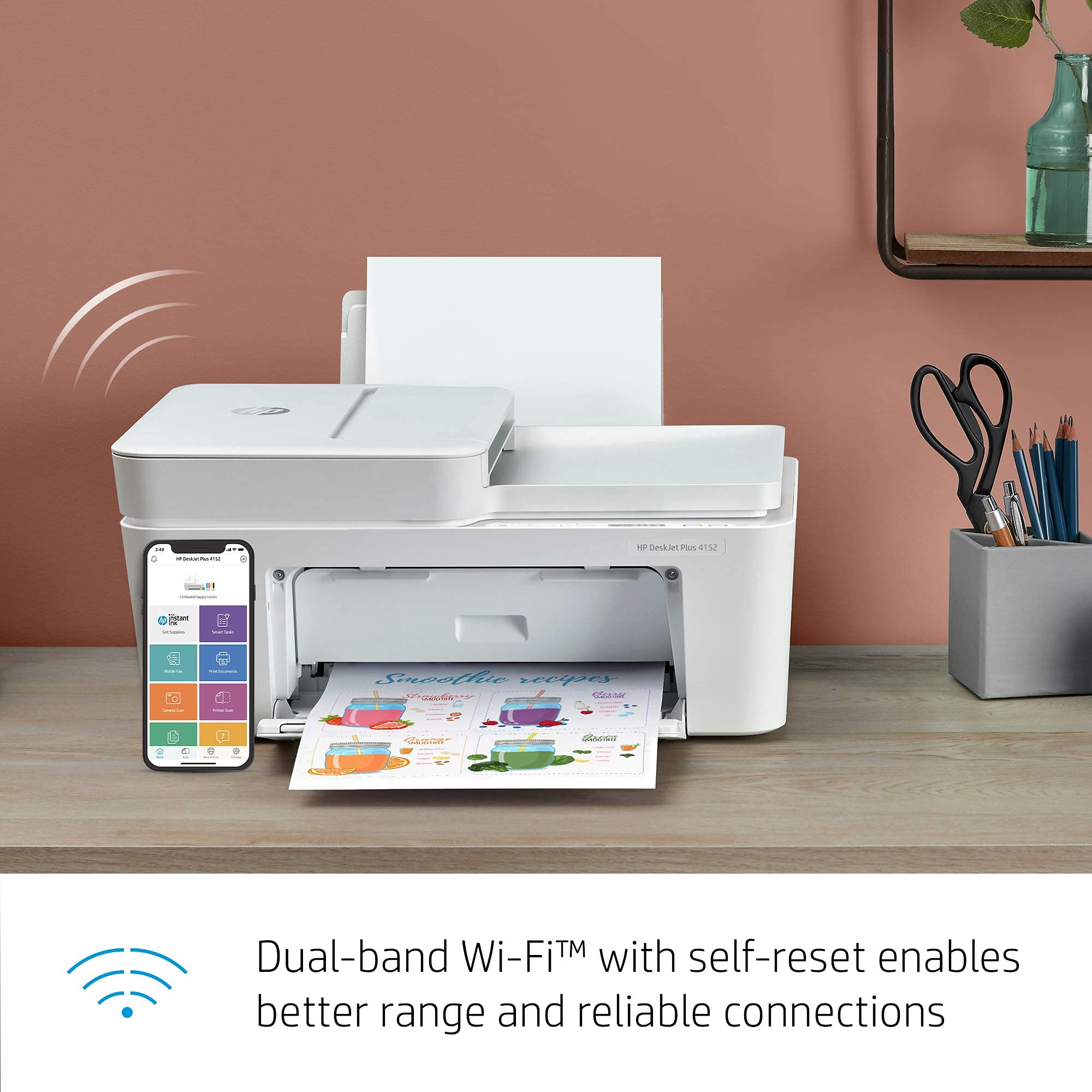 HP DeskJet Plus 4152 All-in-One Wireless Color Inkjet Printer with Scanner & Copier - Mobile Printing, Instant Ink Ready, Built-in USB & WiFi - Ideal for Home Office & Small Business (Renewed) | Print Documents, Photos, School Projects & Work Reports