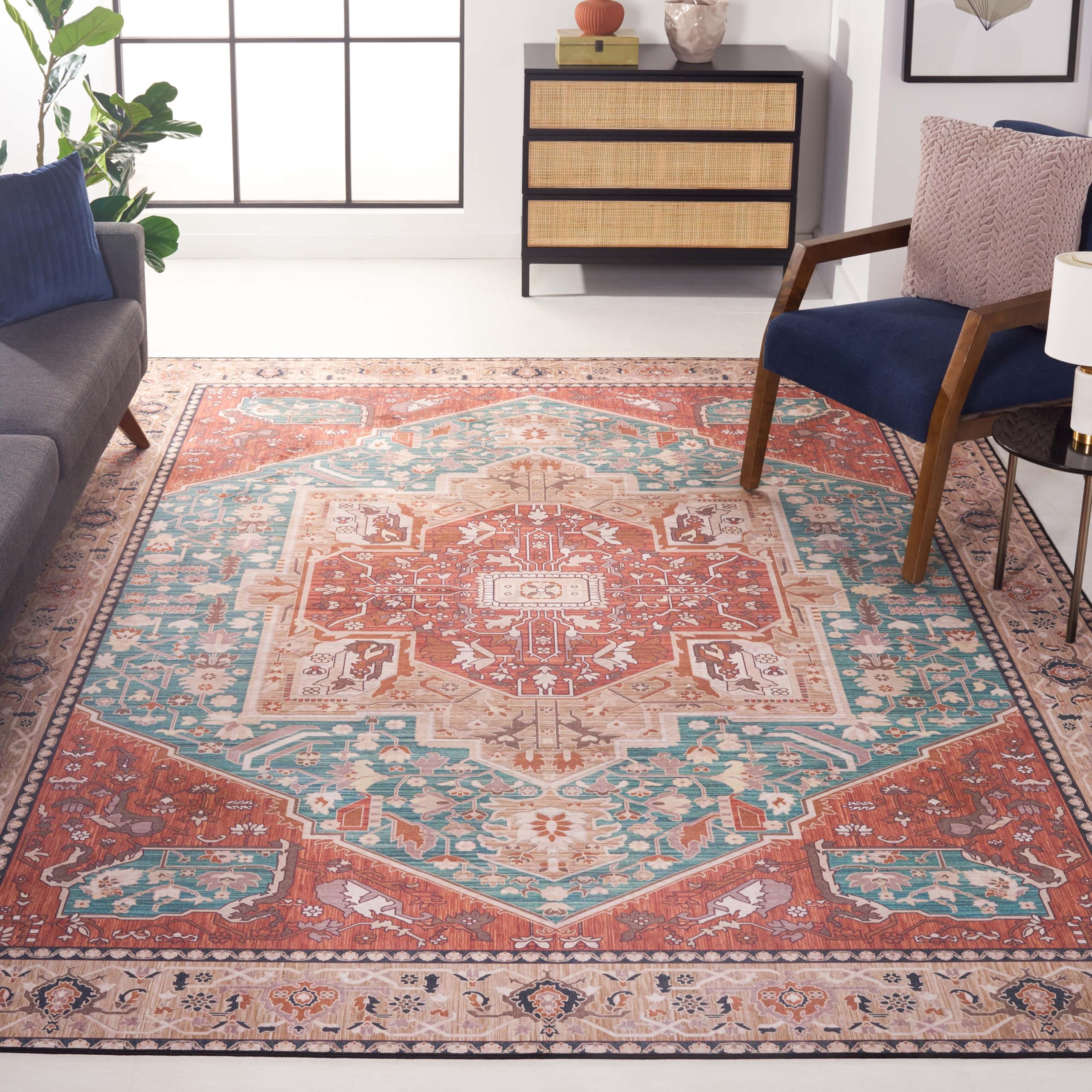 SAFAVIEH Tucson Collection 8' x 10' Area Rug - Aqua & Rust Persian Design, Non-Shedding Machine Washable, Slip Resistant for High Traffic Areas | Perfect for Living Room, Bedroom, Dining Room & Home Decor | Ideal for Modern Homes, Apartments & Office Spaces (TSN150J)