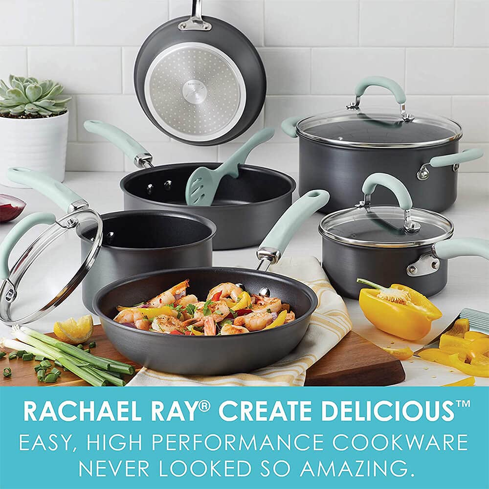 Rachael Ray 11-Piece Hard Anodized Nonstick Cookware Set with Light Blue Handles - Durable Aluminum Pots & Pans for Everyday Cooking, Frying & Baking | Perfect for Home Chefs & Kitchen Enthusiasts
