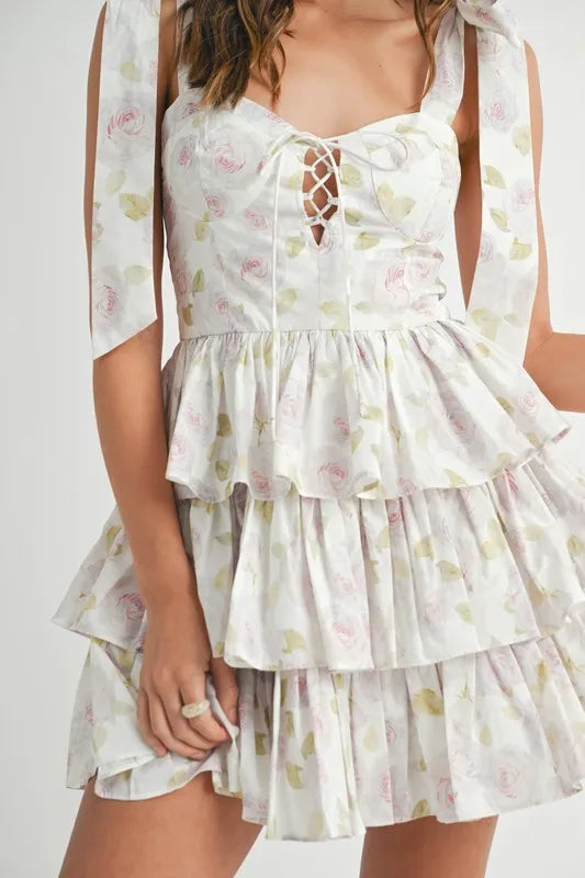 Floral Print Shoulder Tie Layered Mini Dress - Summer Beach Party, Date Night, Vacation Outfit for Women