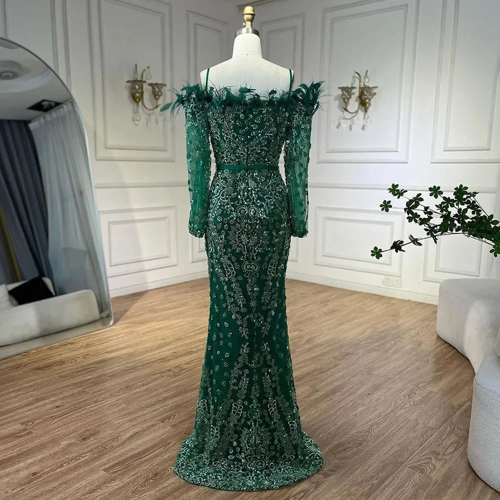 Luxury Dubai Green Boat Neck Mermaid Evening Dress with Elegant Feathers & Beading for Women - Perfect for Weddings, Parties & Special Occasions