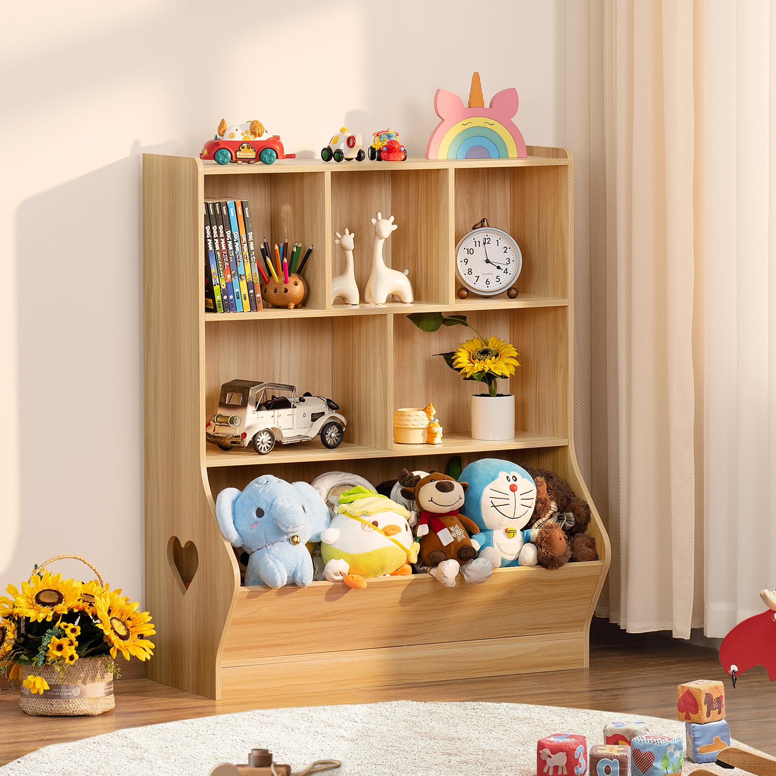 Lerliuo 3-Tier Kids Toy Storage Organizer & Bookshelf - 7-Cubby Wooden Toy Cabinet for Playroom, Bedroom, Nursery - Natural Wood Children's Bookcase (29.53