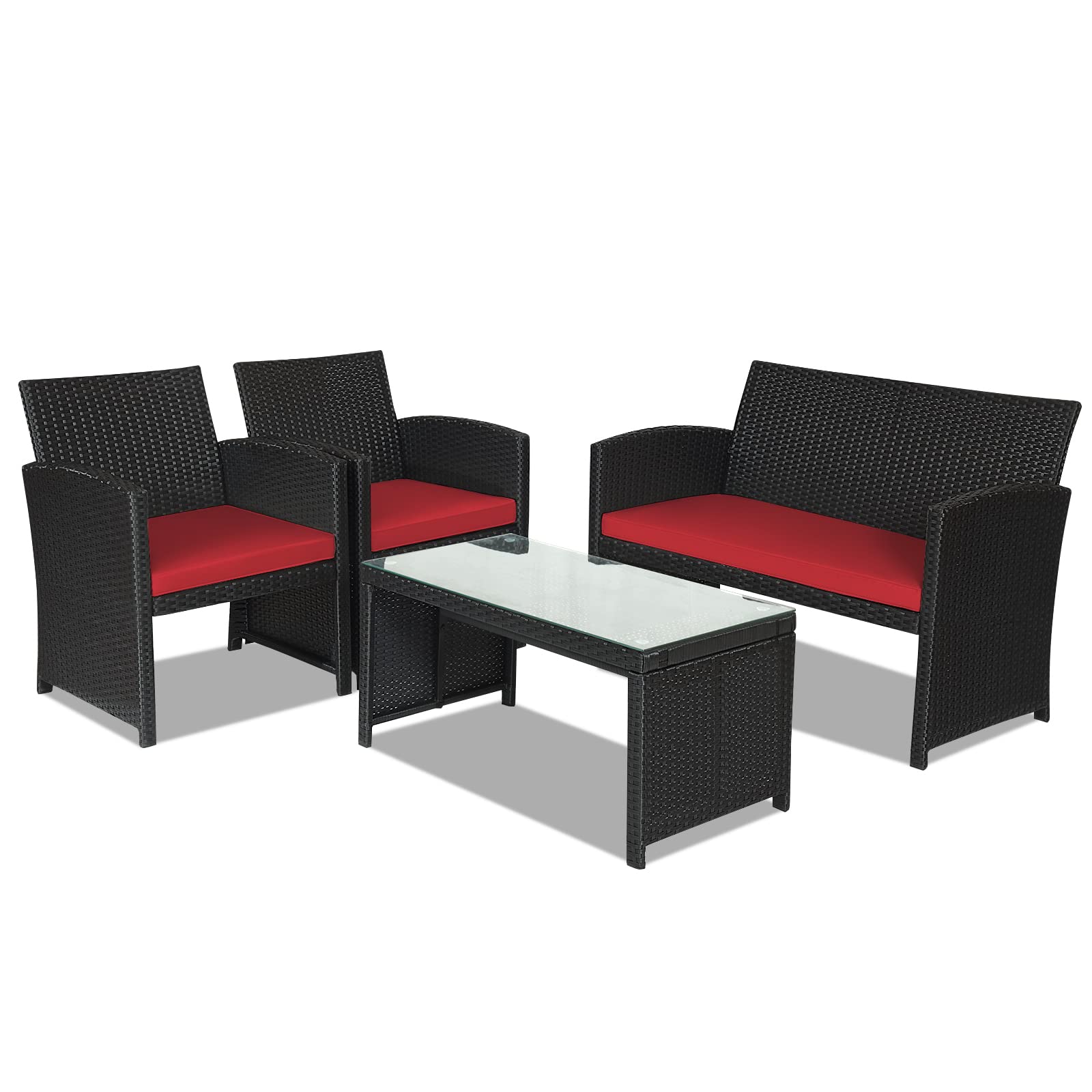 Goplus 4-Piece Rattan Patio Furniture Set - Outdoor Wicker Conversation Sofa with Cushions & Tempered Glass Coffee Table - Weather-Resistant Garden, Balcony, Backyard Furniture (Red) - Perfect for Outdoor Entertaining, Lounging, and Relaxation