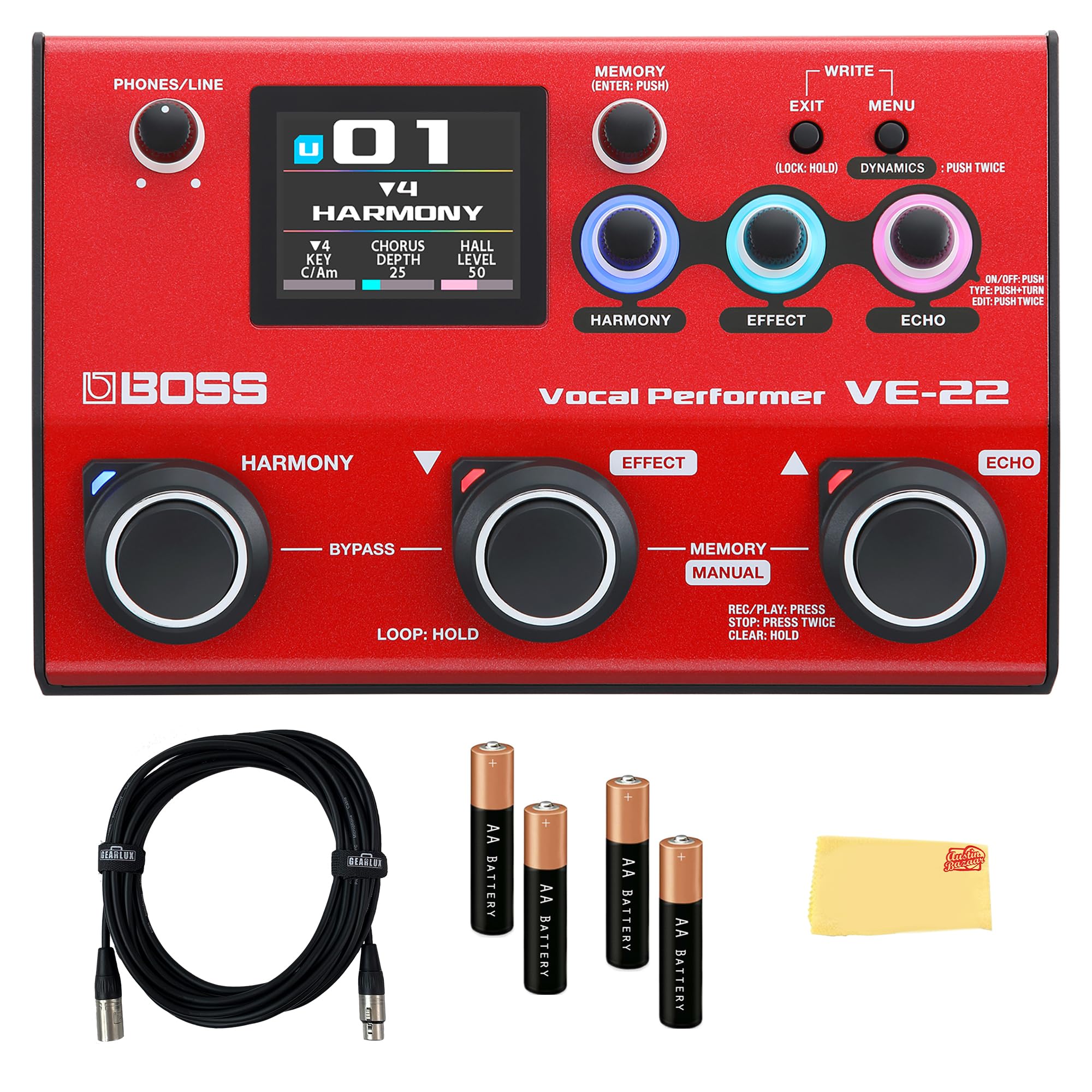 Boss VE-22 Vocal Performer Bundle with 10ft XLR Cable, 4 AA Batteries & Polishing Cloth - Professional Vocal Effects Processor for Live Performances & Studio Recording