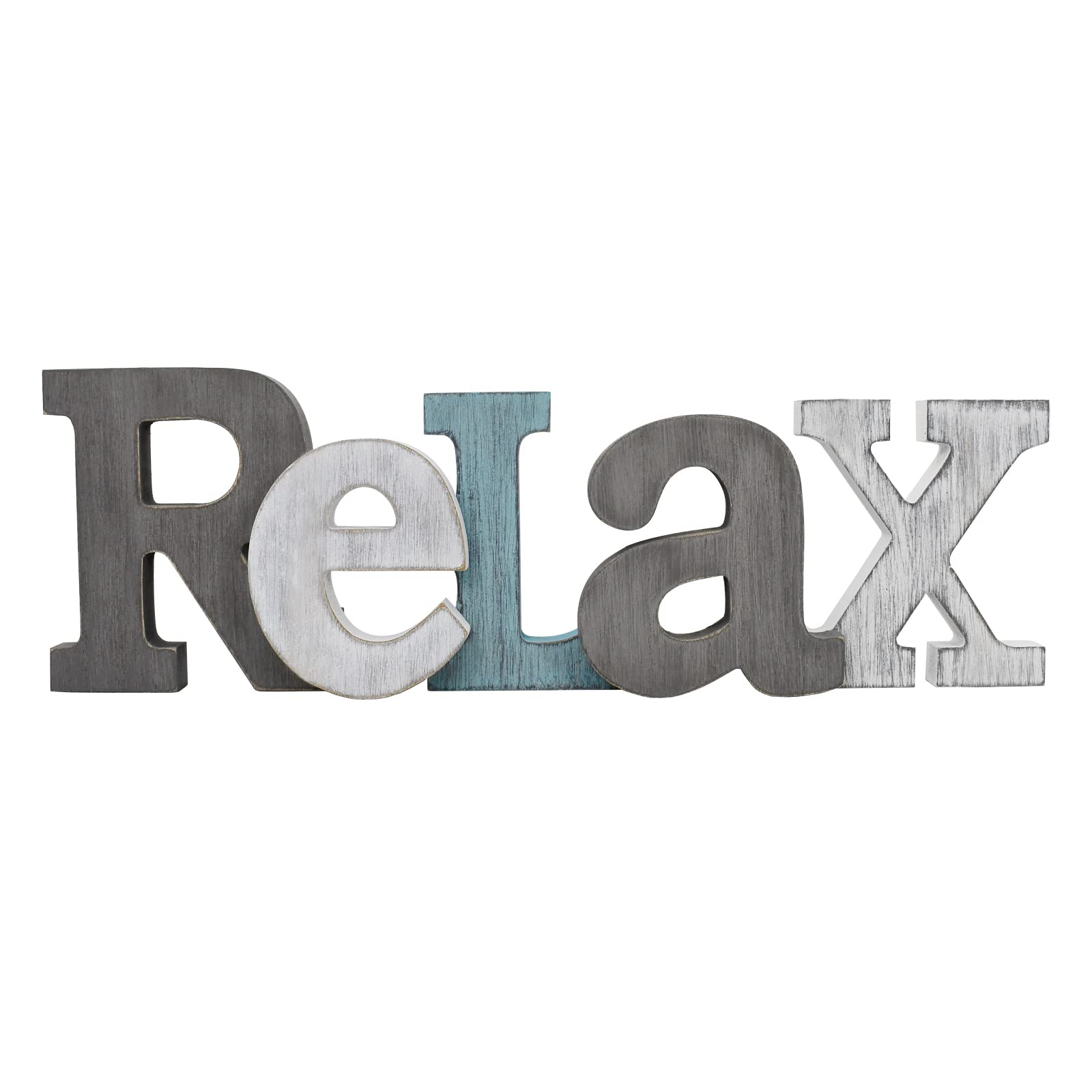 K KILIPES Rustic Wood Relax Sign - Freestanding Wall Hanging & Table Top Decor with Teal Cutout Letters for Shelf, Mantel, Fireplace - Perfect for Living Room, Bedroom & Office Relaxation Decor