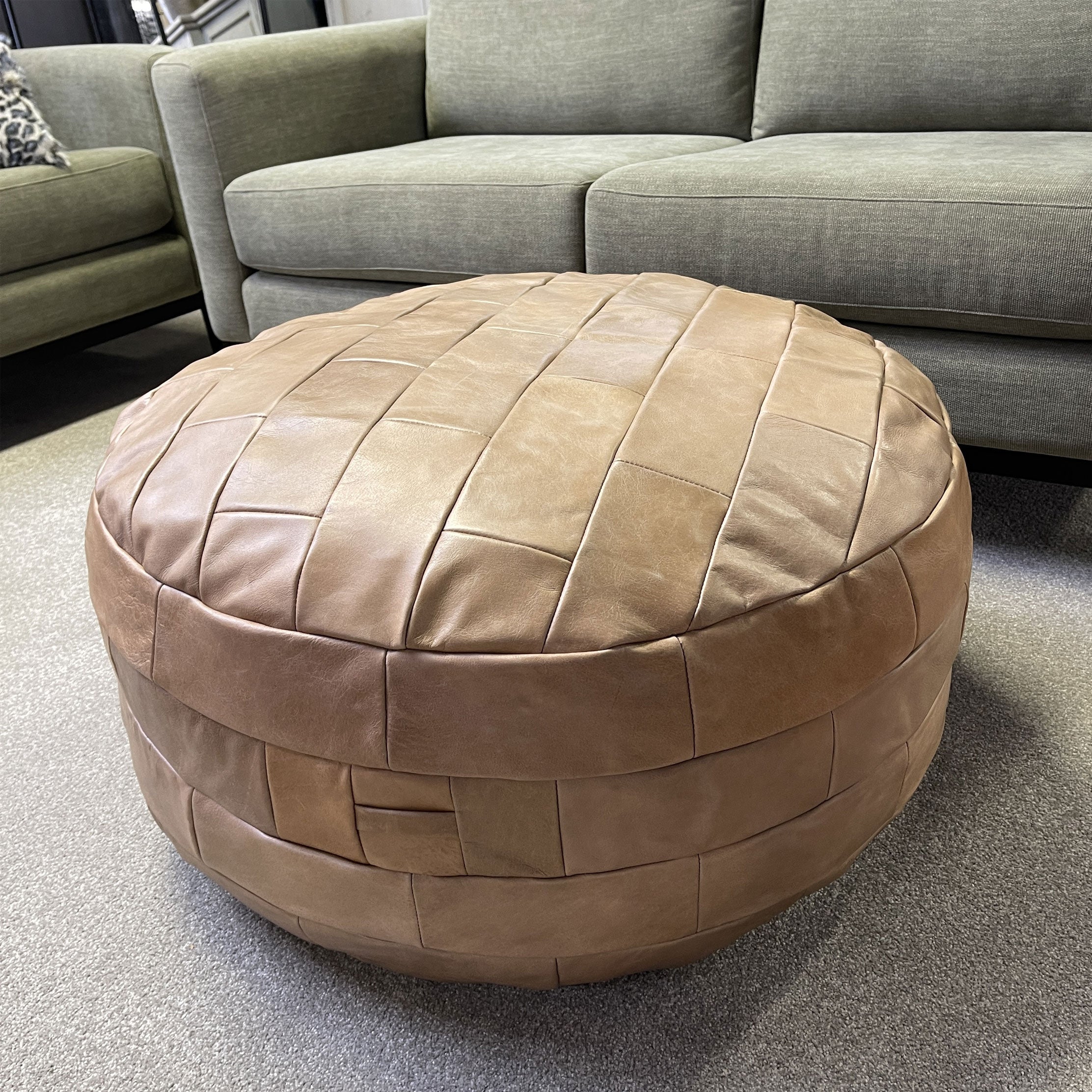 Round Leather Ottoman Footstool - Patch Tan Genuine Leather Pouf for Living Room, Bedroom & Lounge - Stylish & Comfortable Seating or Footrest