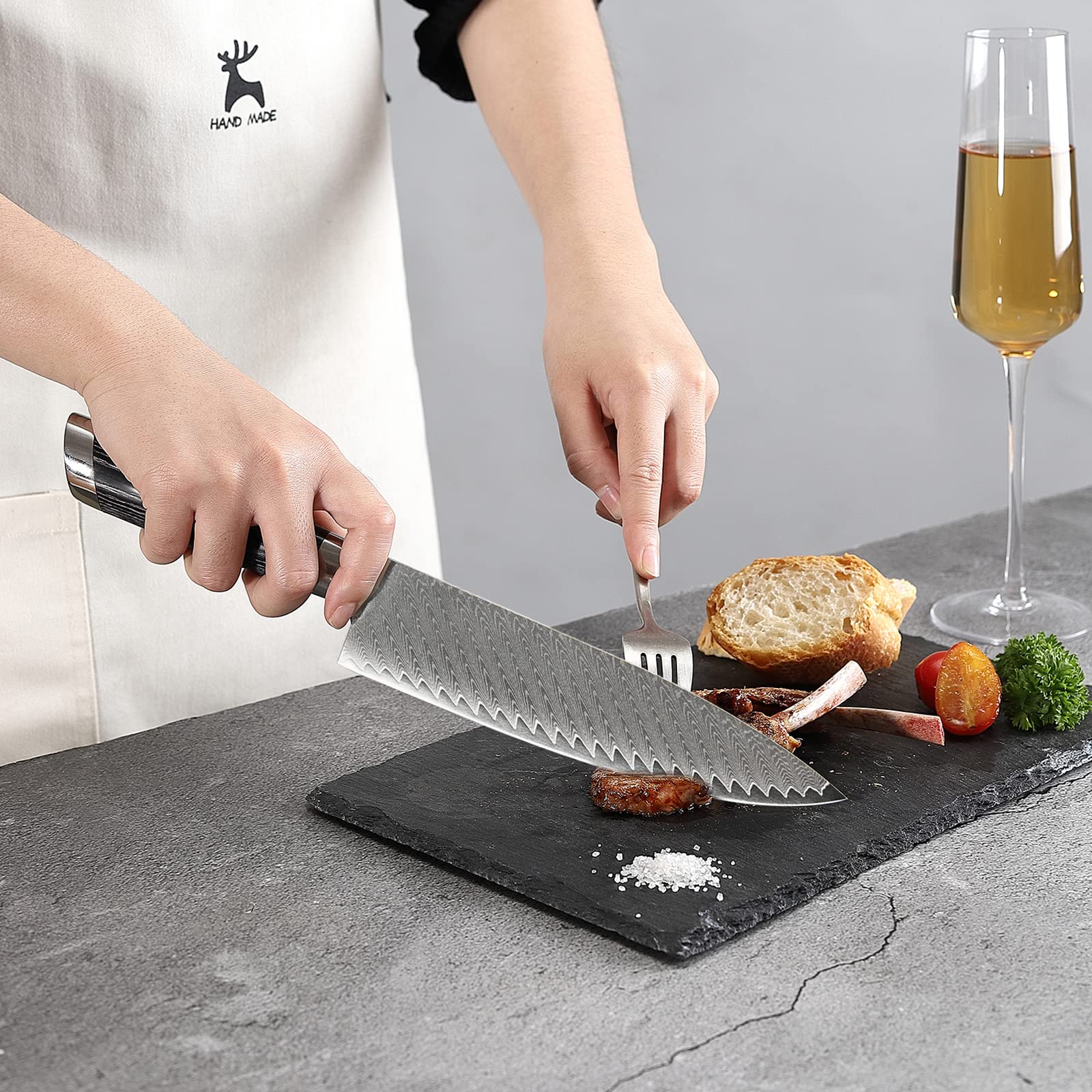 Premium 7-Piece Damascus Steel Knife Set with Wooden Block - Chef Knives, Kitchen Shears & Ergonomic ABS Handles - Perfect for Home Cooking, Professional Chefs & Gourmet Food Preparation