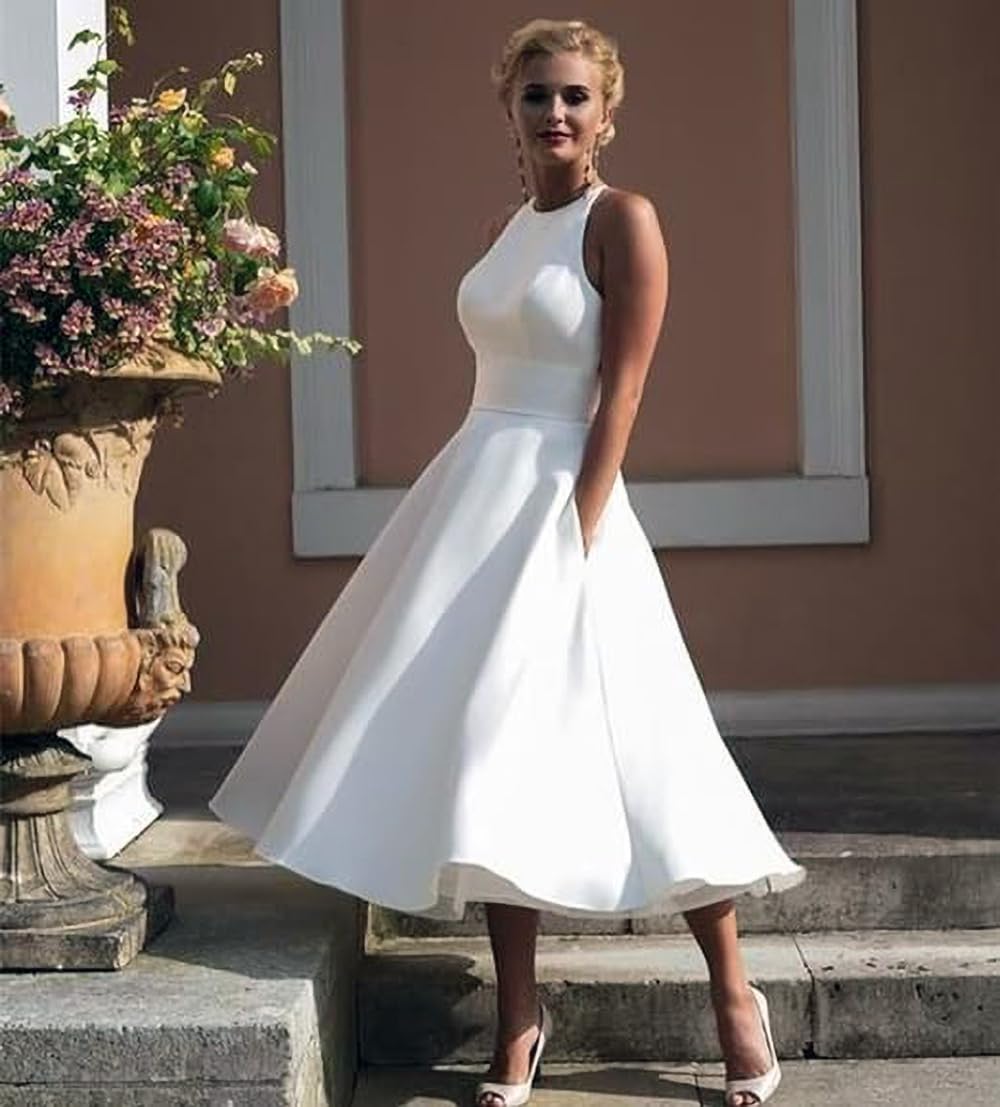 Elegant Tea-Length Satin Wedding Dress for Women - Sexy Halter Lace Backless Bridal Gown A-Line Formal Dress - Perfect for Beach Weddings, Vow Renewals & Romantic Photoshoots
