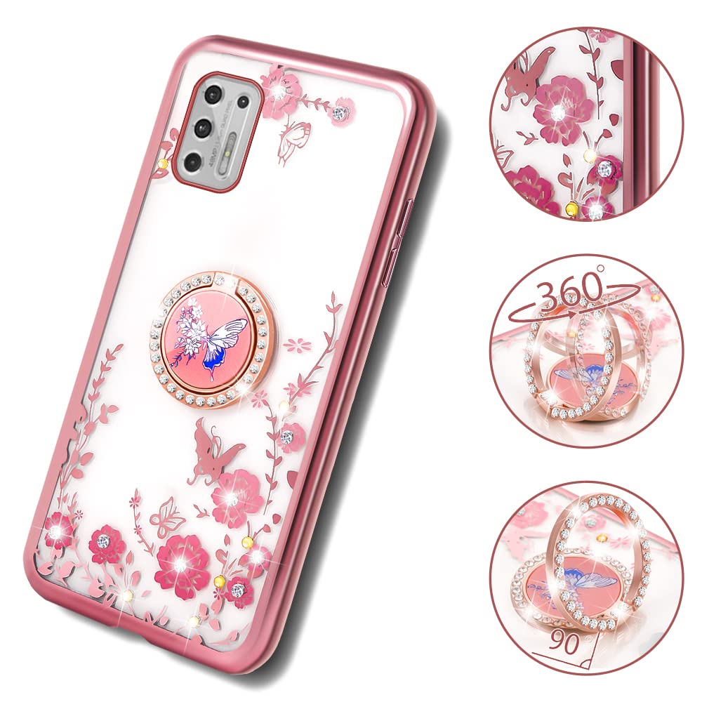 Motorola Moto G Stylus 2021 4G Phone Case with Ring Kickstand & Lanyard - Cute Floral Shockproof Protective Cover for Women (Rose Butterfly) | Perfect for Daily Use, Work, and Travel Protection