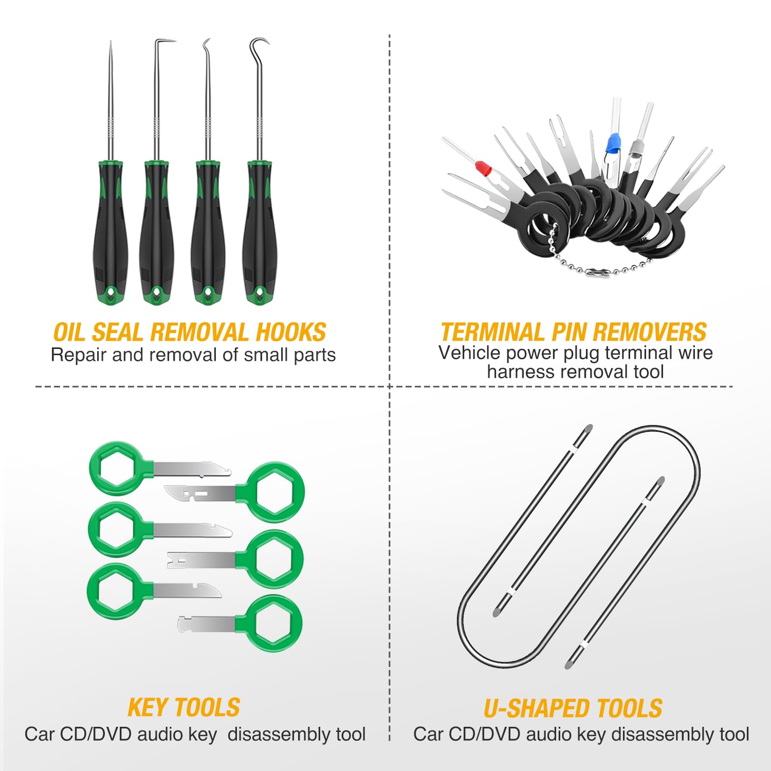 GOOACC 102Pcs Car Trim Removal Tool Kit - Auto Push Pin Nylon Bumper Retainer Clips Fastener Terminal Remover with Round Handle Crowbar for Radio/Dashboard Panel (Green) - Perfect for DIY Auto Repair & Interior Detailing