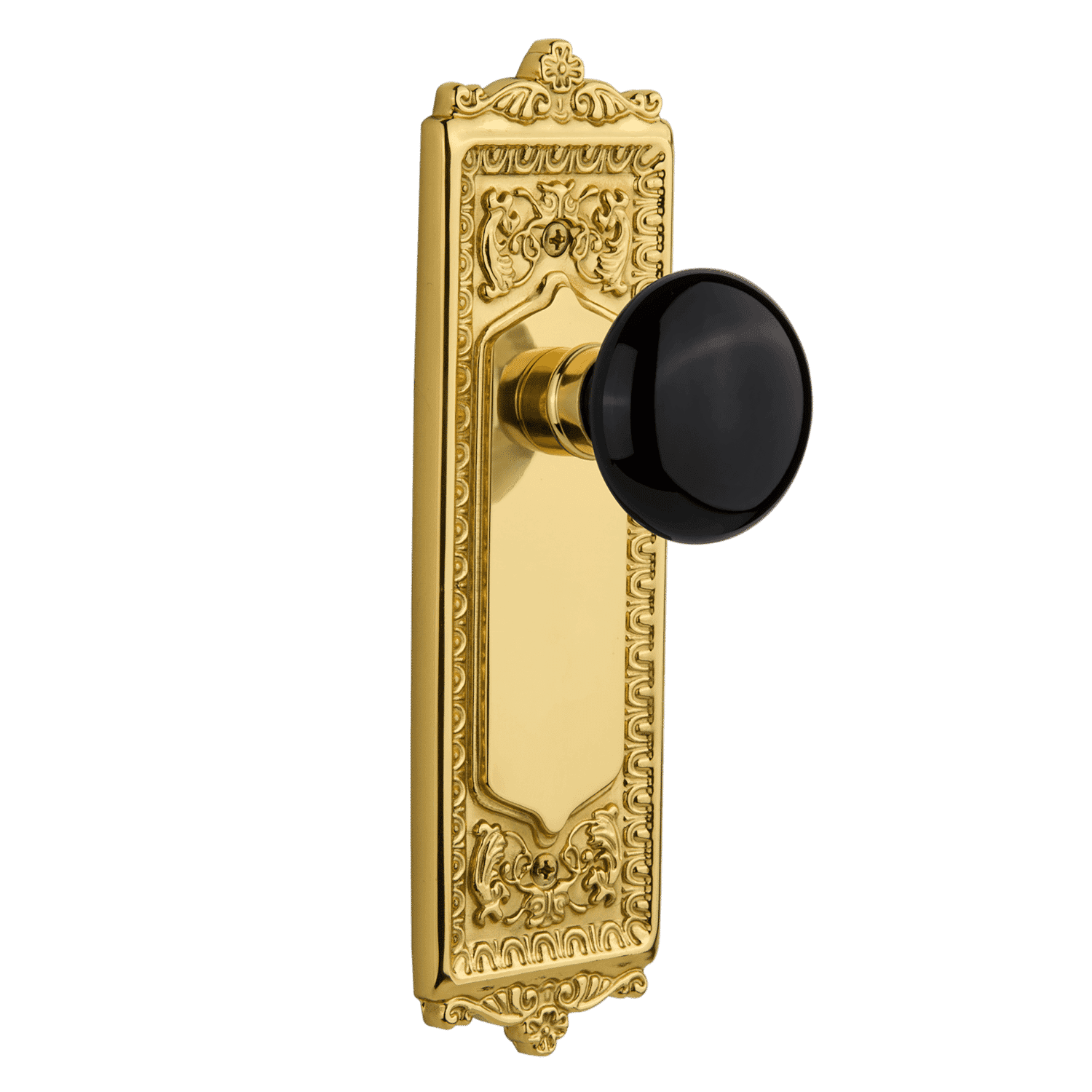 Egg & Dart Long Plate with Black Porcelain Knob in Unlacquered Brass - Elegant Cabinet Hardware for Kitchen, Bathroom & Furniture Upgrade
