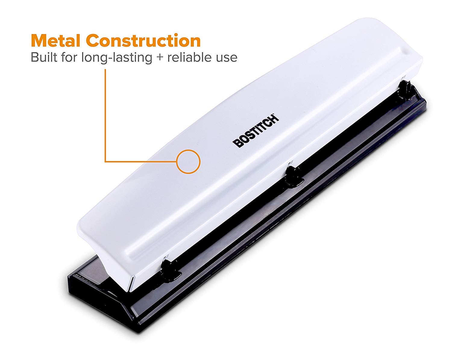 Bostitch Premium 3 Hole Punch for Paper - 12 Sheet Capacity Metal Hole Puncher with Rubber Base & Easy-Clean Tray (White, KT-HP12-WHITE) - Perfect for Office, School, and Home Organization