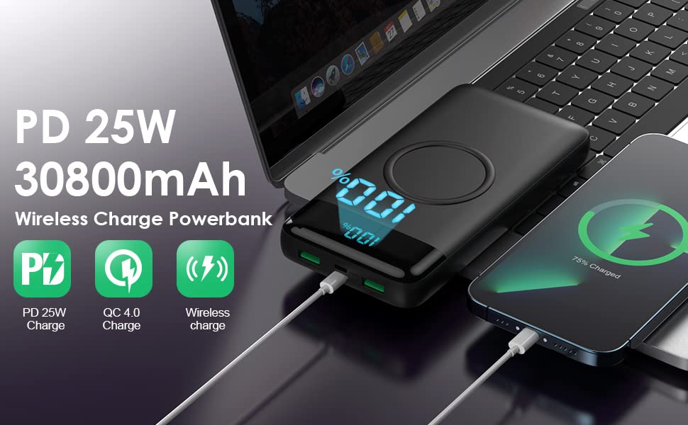 30,800mAh Wireless Portable Charger with 15W Wireless & 25W PD QC4.0 Fast Charging | Smart LCD Display USB-C Power Bank | 4 Output External Battery Pack for iPhone 16/15/14/13, Samsung Galaxy | Perfect for Travel, Camping, and Emergency Power Backup