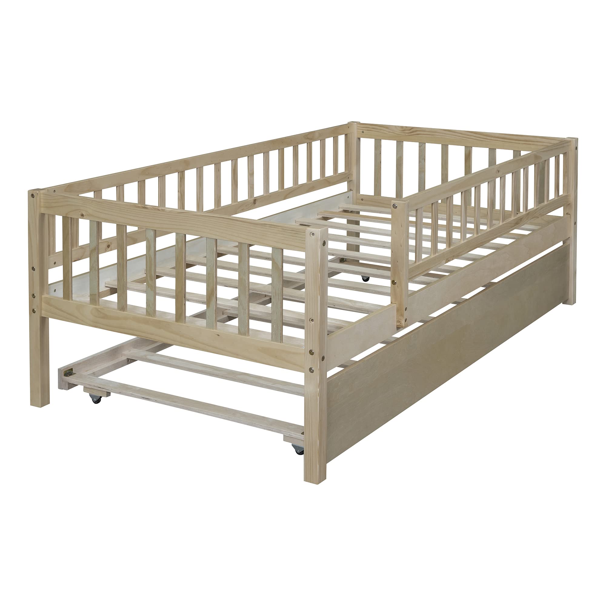 Montessori Twin Size Wooden Toddler Daybed with Safety Fence & Trundle - Low Bed Frame with Guard Rails for Kids, Boys & Girls - Natural Wood Finish - Perfect for Daytime Naps, Playroom & Montessori Bedrooms