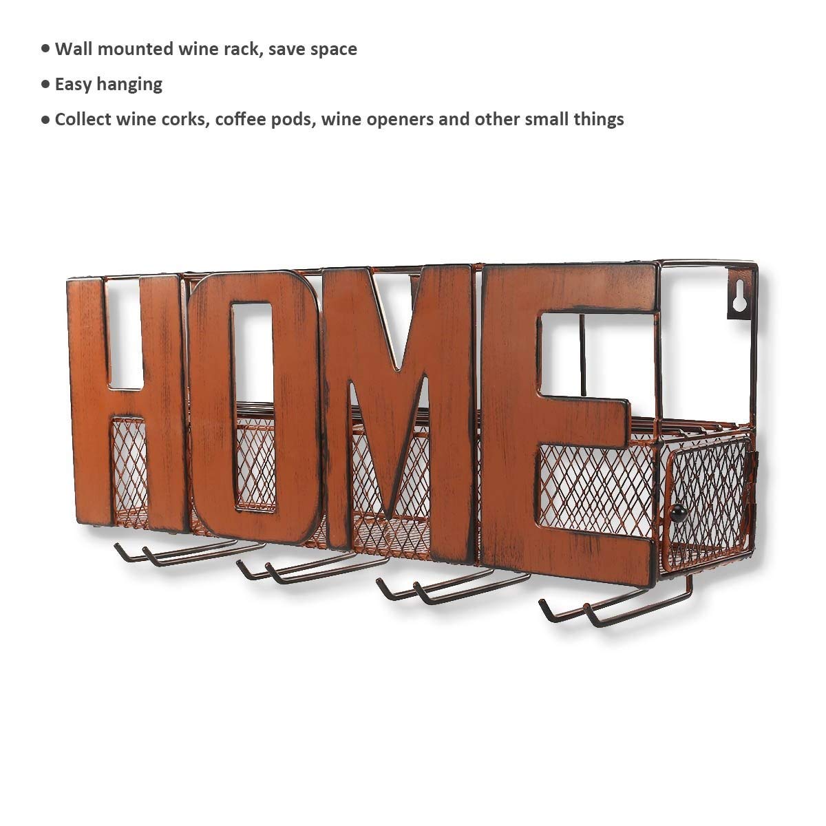 Wall Mounted Metal Wine Rack with 4 Long Stem Glass Holders - Wine Cork & Charms Storage Organizer - Space Saving Kitchen Decor for Home Bar, Dining Room or Pantry