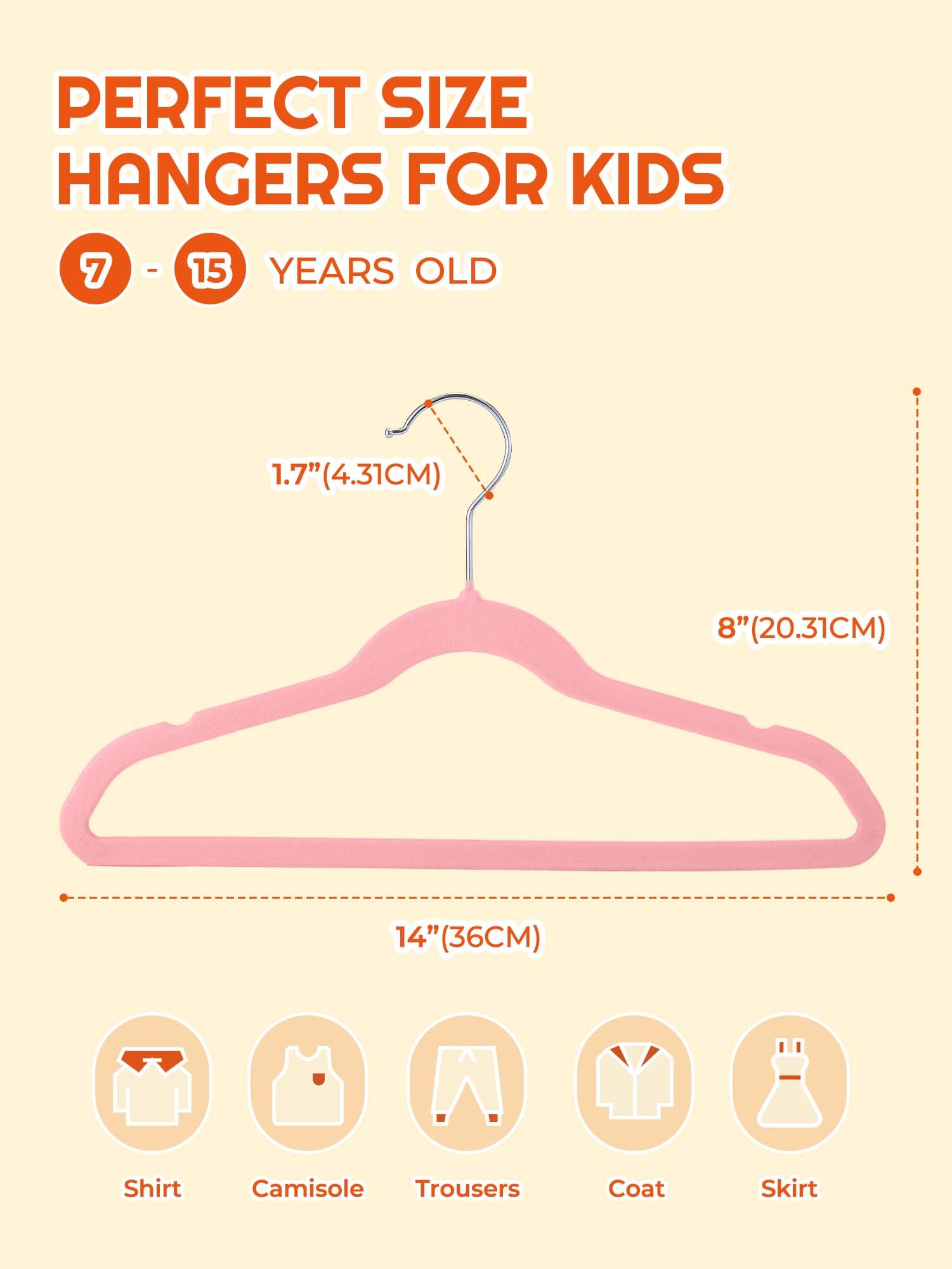 HOUSE DAY 50 Pack Kids Velvet Hangers - 14 Inch Durable Non-Slip Felt Hangers for Children & Youth - Pink Closet Organizers for Boys & Girls (Perfect for School Uniforms, Dresses & Delicate Clothing)