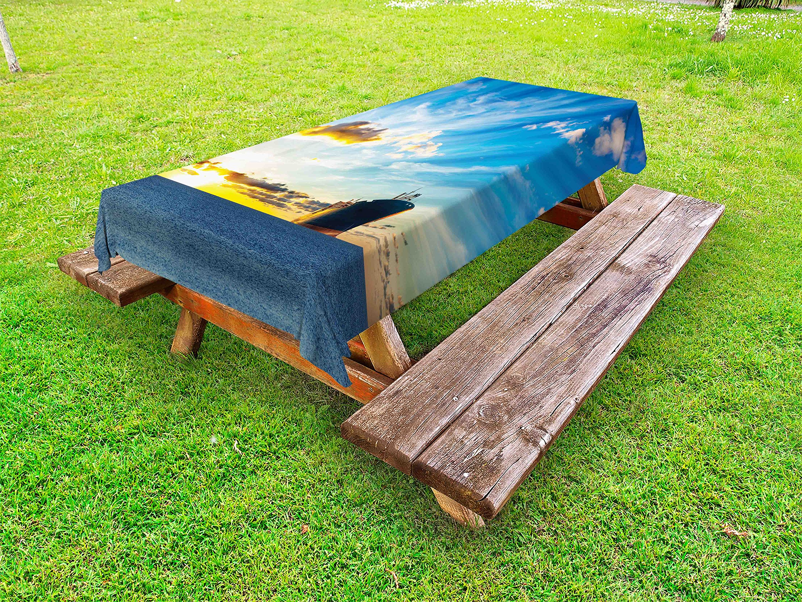 Ambesonne Waterproof Nautical Outdoor Tablecloth - Scenic Ocean View with Ship & Harbor Design, Washable Picnic Table Cover 58x84 Inches - Perfect for Beach Parties, Backyard BBQs & Outdoor Dining (Blue)