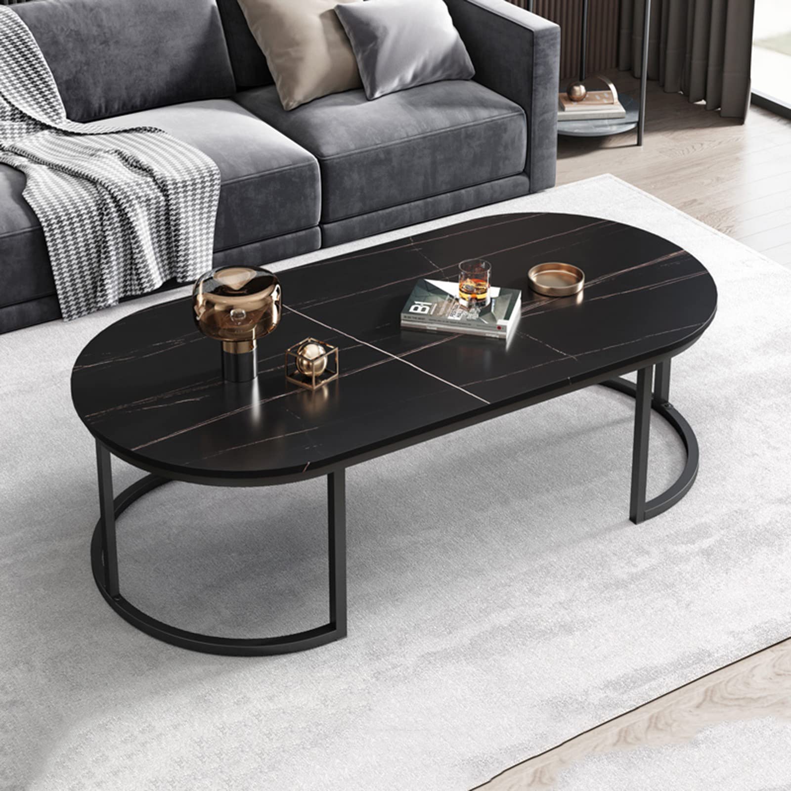Modern Round Rectangle Coffee Table with Black Metal Frame & MDF Top - Stylish Sofa Table for Living Room, Bedroom & Office - Perfect for Small Spaces, Home Decor & Entertaining Guests