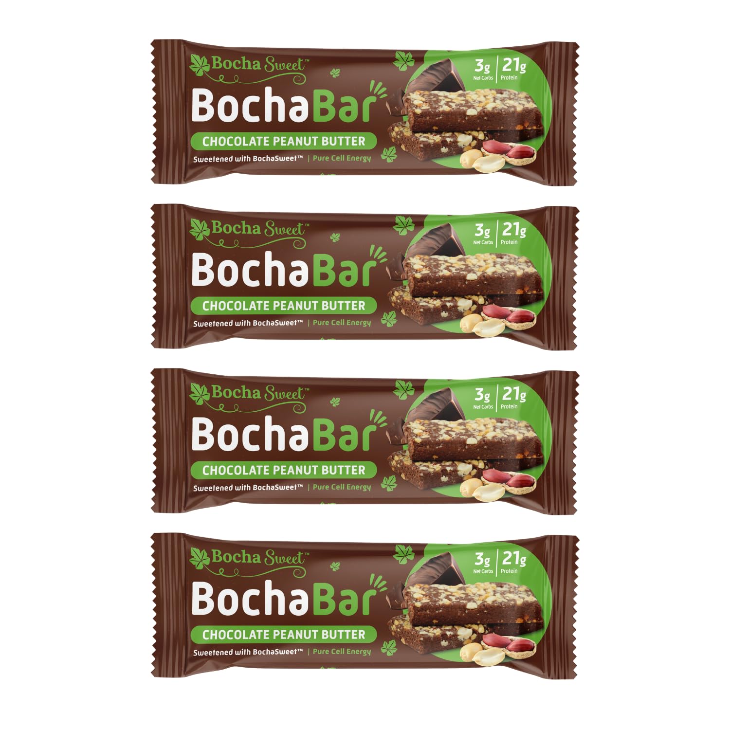 BochaSweet Keto Protein Bar - Chocolate Peanut Butter Flavor with 21g Grass-Fed Collagen | Low Carb, Keto-Friendly, Gluten Free Snack | 4 Count Pack | Perfect for On-the-Go Nutrition & Post-Workout Recovery