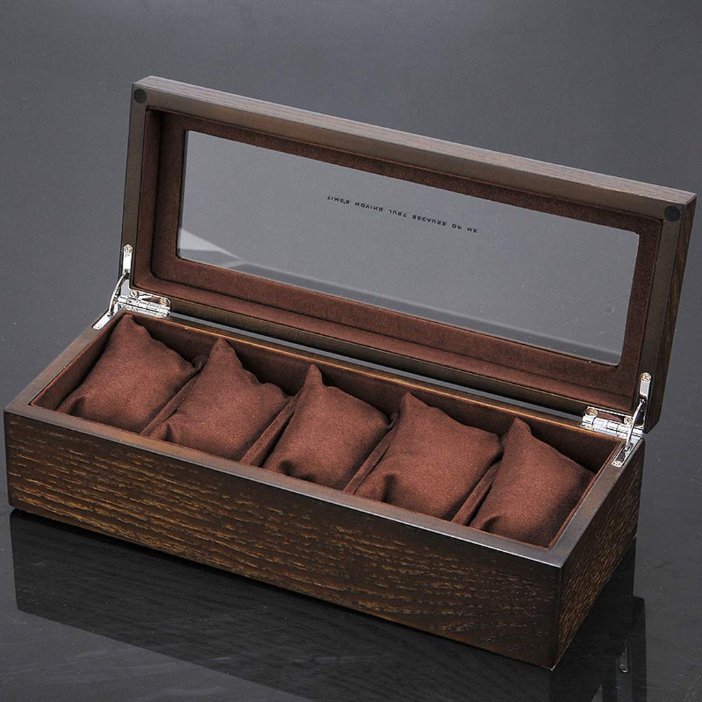 Premium Wooden Watch Box for Men - Luxury 5 Watch Storage Case with Glass Top & Removable Cushions, Jewelry Organizer Display (Brown) - Perfect for Watch Collectors, Gifts & Home Décor