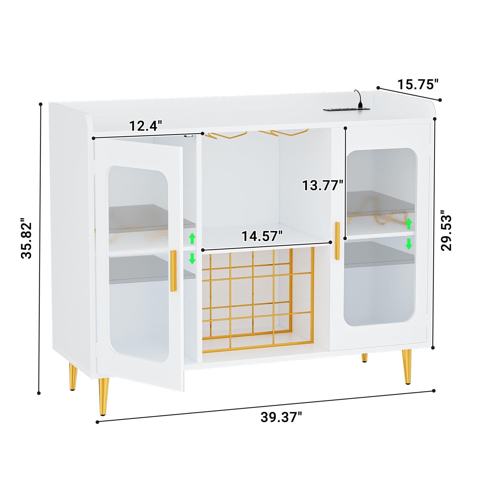 White Liquor Cabinet Bar with Power Outlet & LED Lights - Wine Storage Cabinet with Glass Rack, Home Coffee Bar, Kitchen Buffet Sideboard with Storage Shelf - Perfect for Dining Room, Home Bar Setup & Entertaining Guests