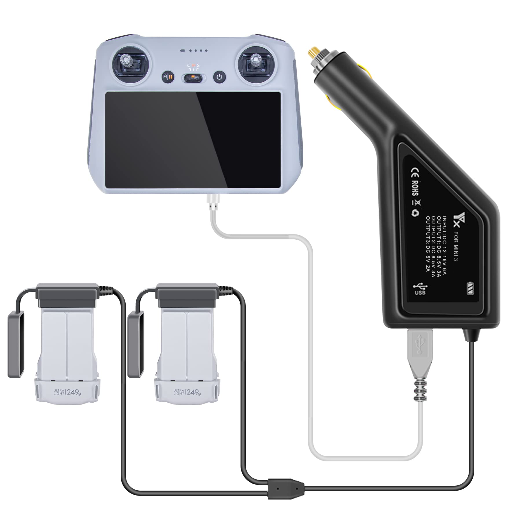 DJI Mini 3 Pro/Mini 4 Car Charger - 3-in-1 Fast Charging for 2 Batteries & Remote Control | Portable Travel Charger for Drone Accessories (Not Compatible with Mavic Mini/Mini 2) | Perfect for Road Trips & Outdoor Adventures