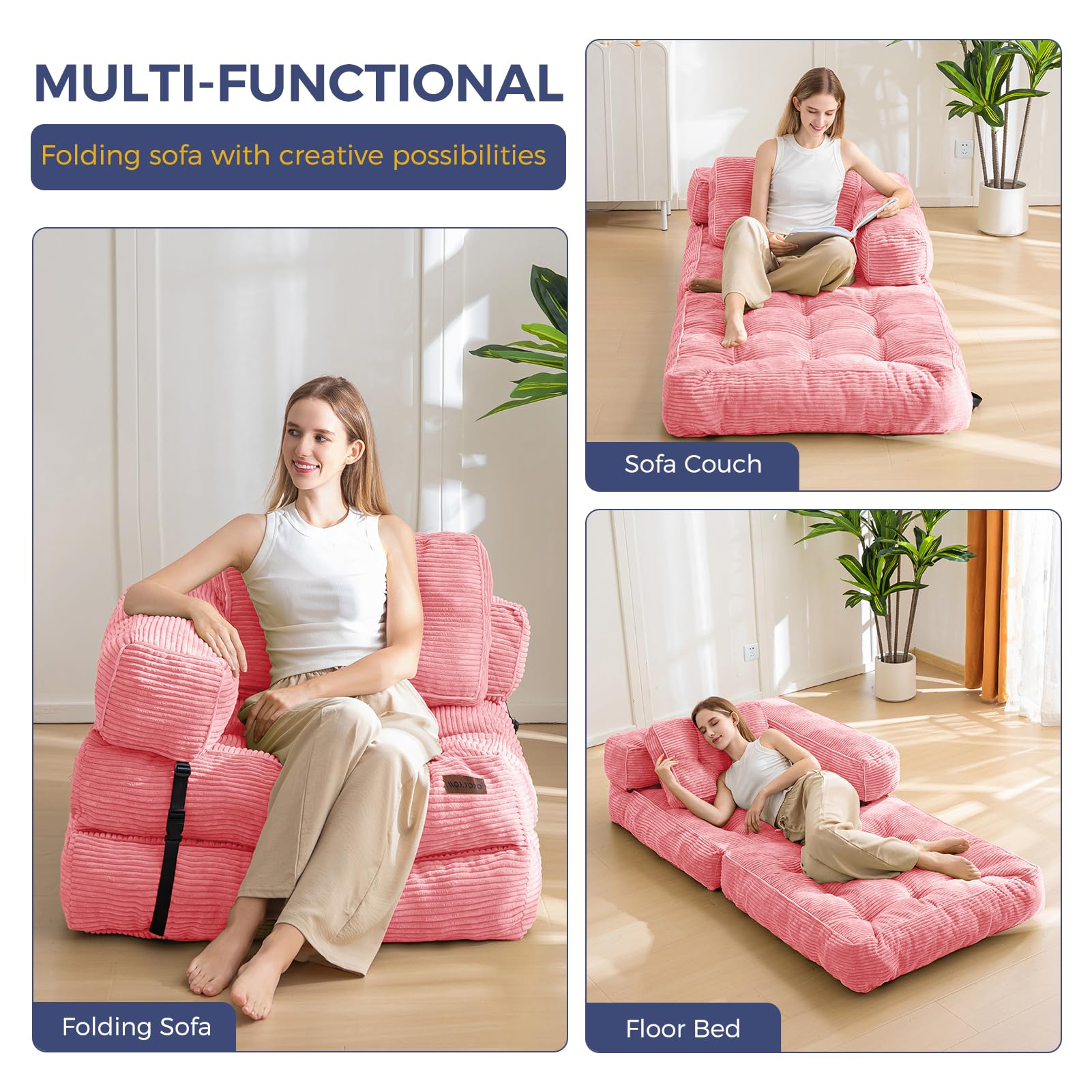 MAXYOYO L-Shaped Folding Sofa Bed - Convertible Sleeper Sofa with Armrests in Pink | Space-Saving Furniture for Small Apartments, Guest Rooms & Home Offices
